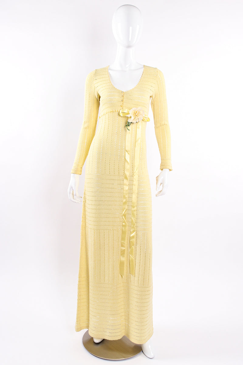 Vintage Adolfo Eyelet Knit Maxi Dress Waist Corsage on Mannequin front at Recess LA