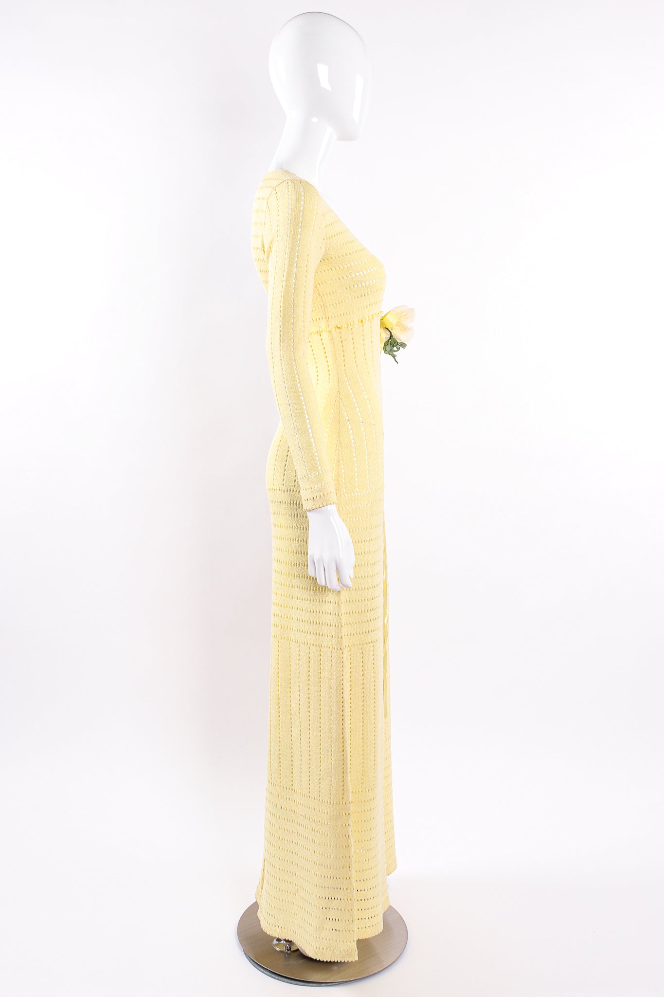 Vintage Adolfo Eyelet Knit Maxi Dress Waist Corsage on Mannequin side at Recess LA