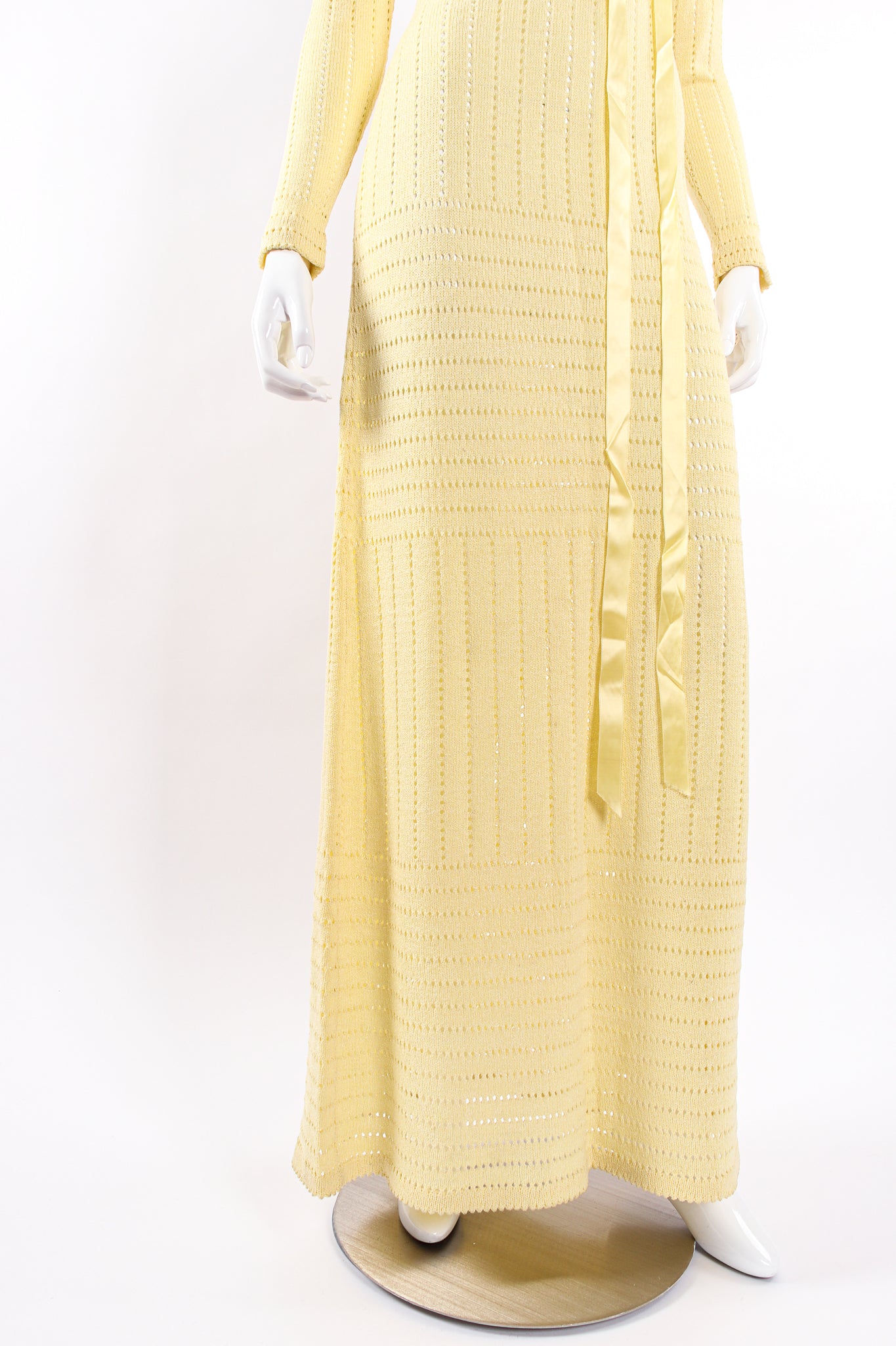 Vintage Adolfo Eyelet Knit Maxi Dress Waist Corsage on Mannequin skirt at Recess LA