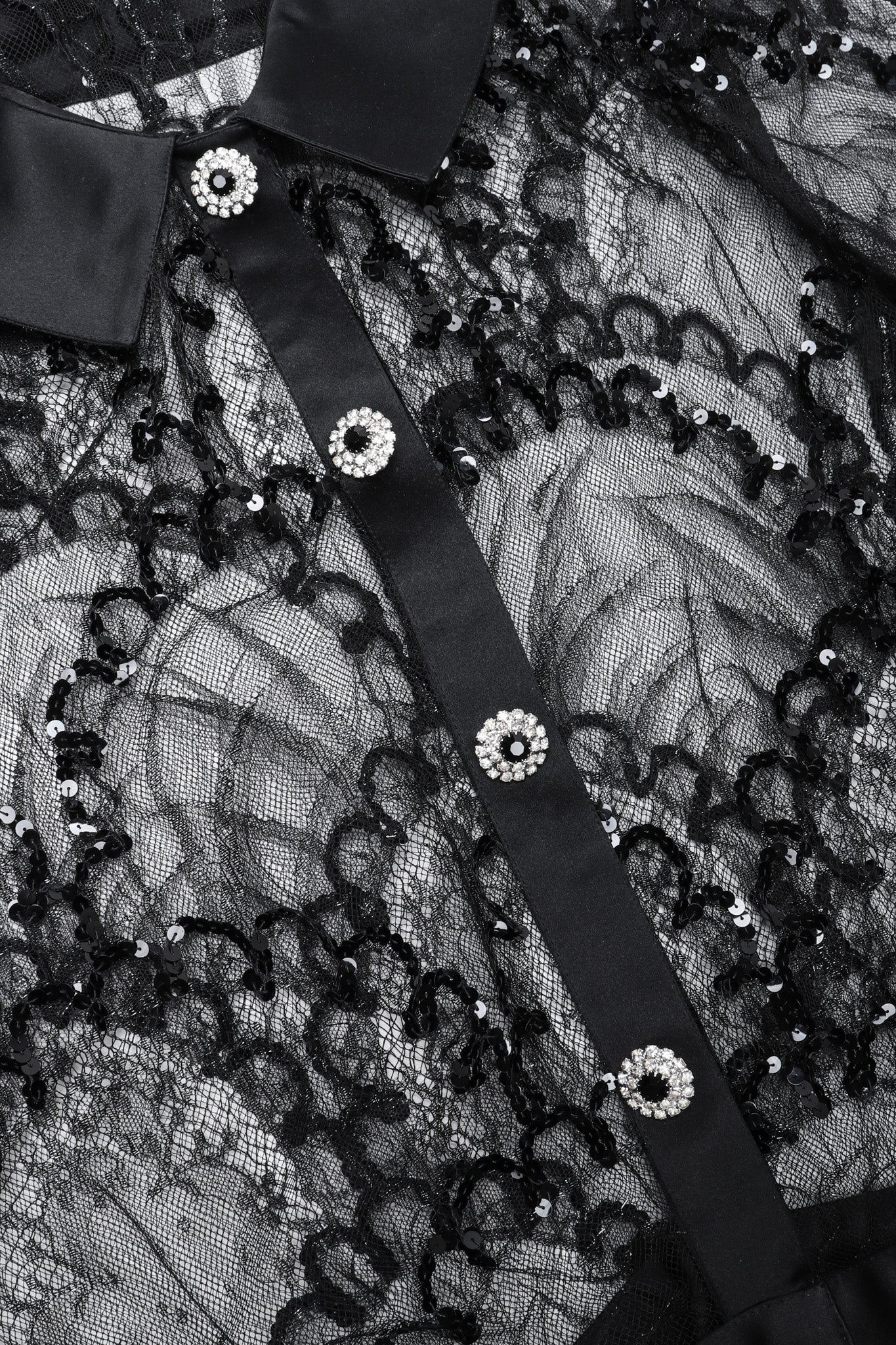 Recess Los Angeles Vintage Adolfo Black Delicate Floral Lace Mesh Scallop Pattern Sequins Trompe L'oeil Satin Faux Rhinestone