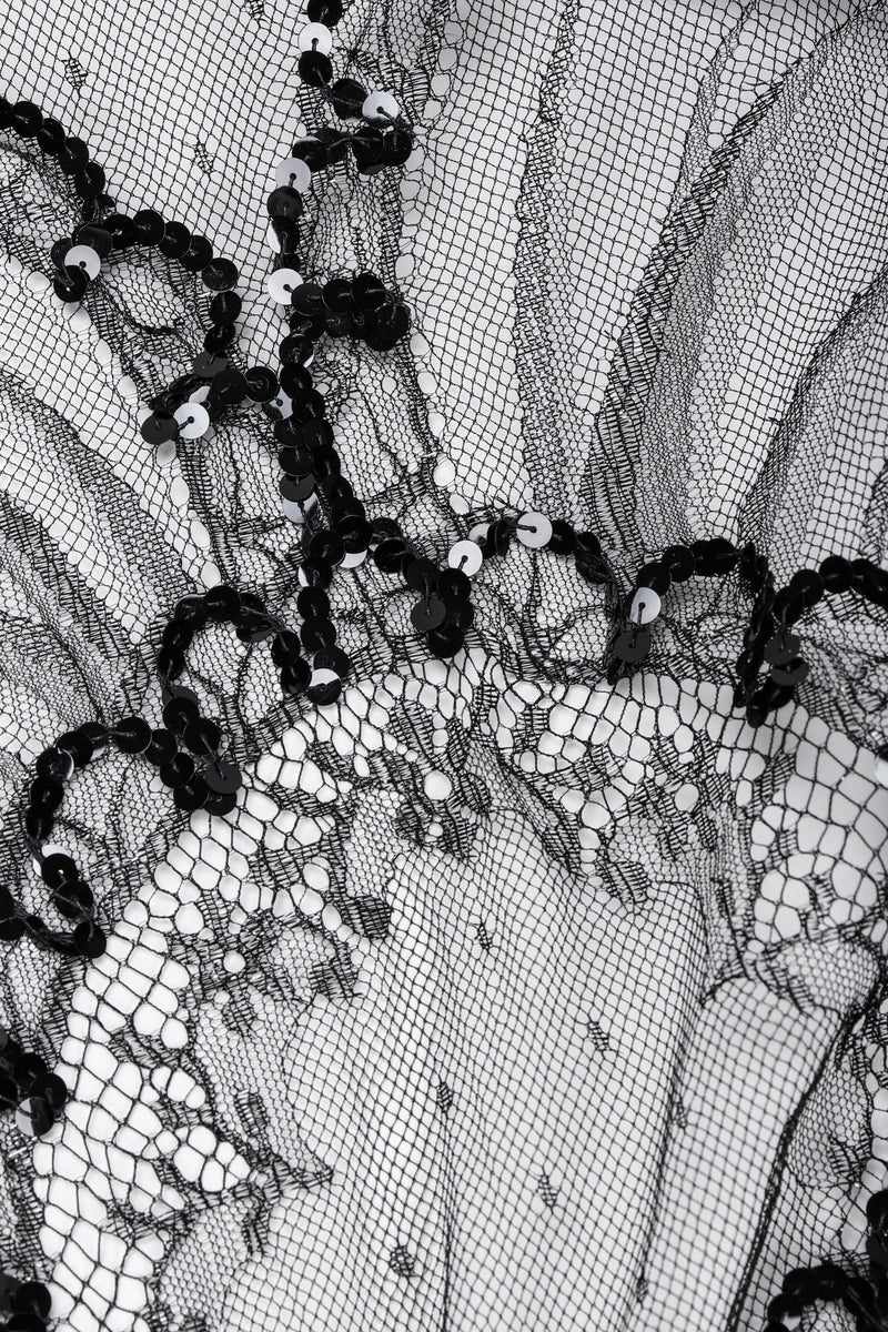 Recess Los Angeles Vintage Adolfo Black Delicate Floral Lace Mesh Scallop Pattern Sequins Trompe L'oeil Satin Faux Rhinestone