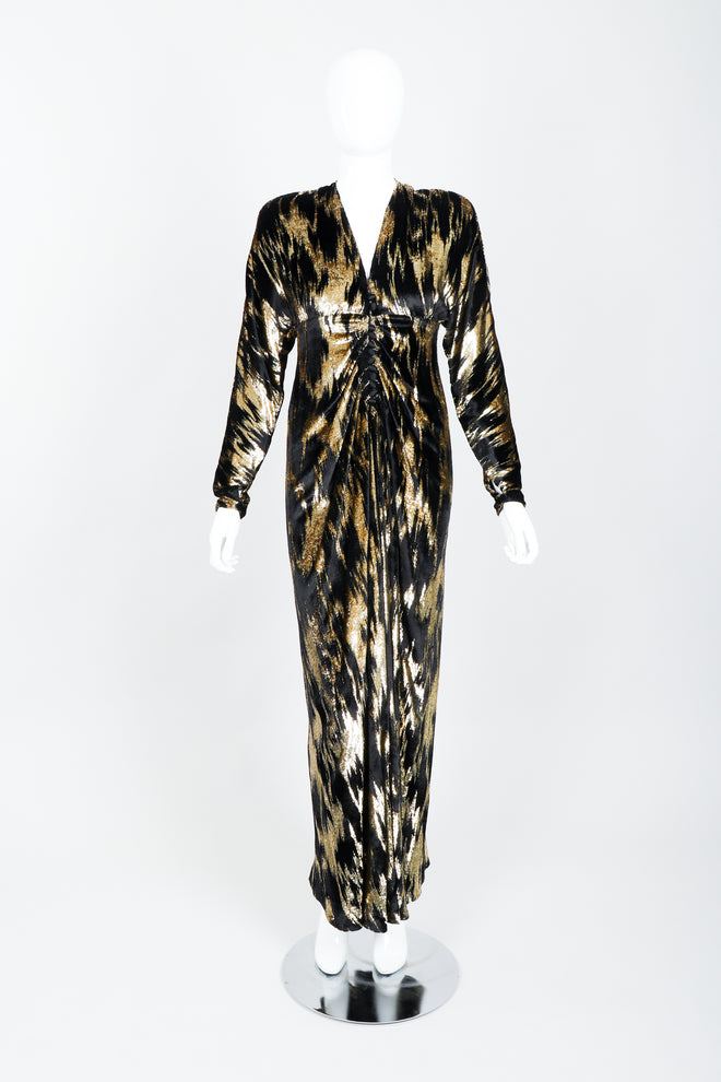 Vintage Adolfo Gathered Velvet Lamé Gown on Mannequin Front at Recess