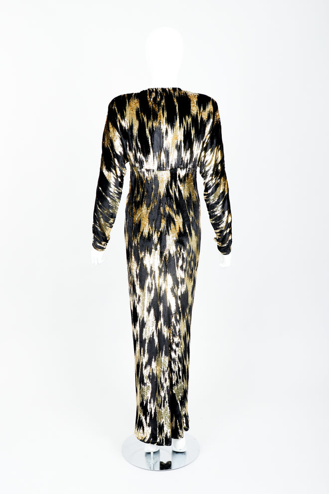 Vintage Adolfo Gathered Velvet Lamé Gown on Mannequin Back at Recess
