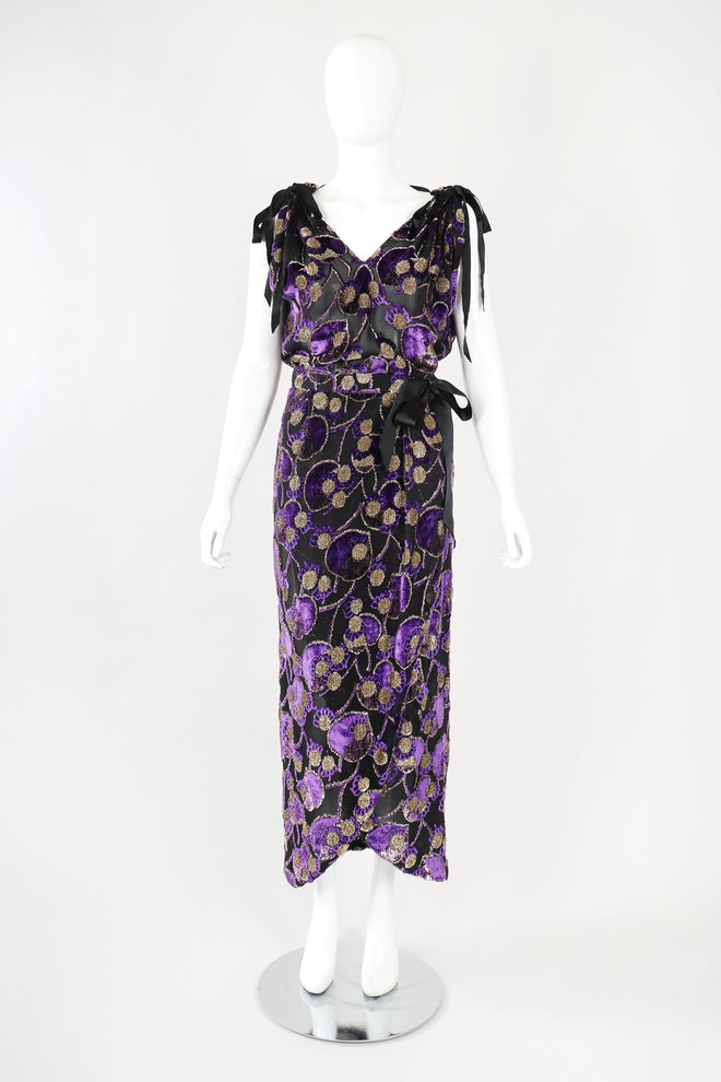 Recess Designer Consignment Vintage Adolfo Velvet Lamé Burnout Top & Wrap Skirt Set Los Angeles Resale