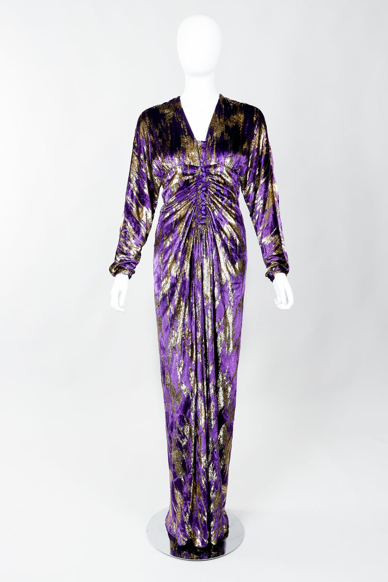 Vintage Adolfo Velvet Lamé Lightening Gown on Mannequin, front buttoned at Recess Los Angeles
