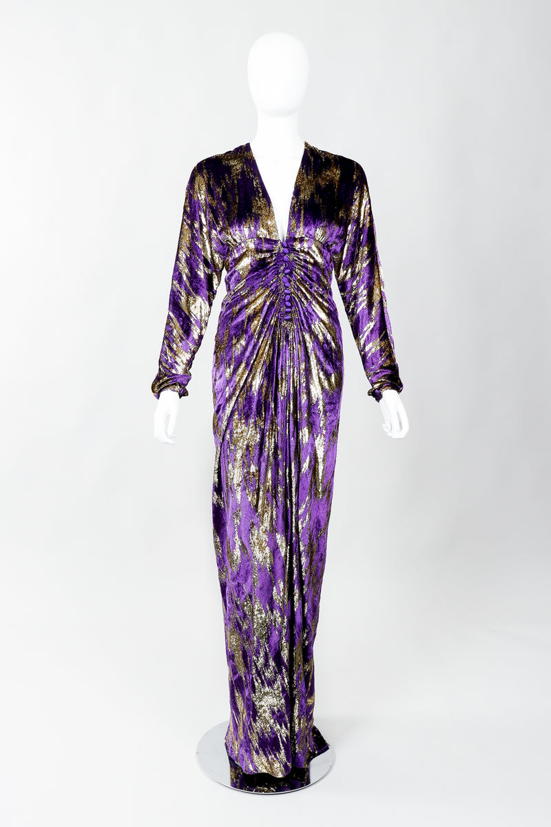 Vintage Adolfo Velvet Lamé Lightening Gown on Mannequin, front unbuttoned at Recess Los Angeles