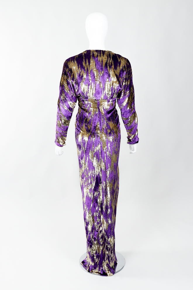Vintage Adolfo Velvet Lamé Lightening Gown on Mannequin, back view at Recess Los Angeles