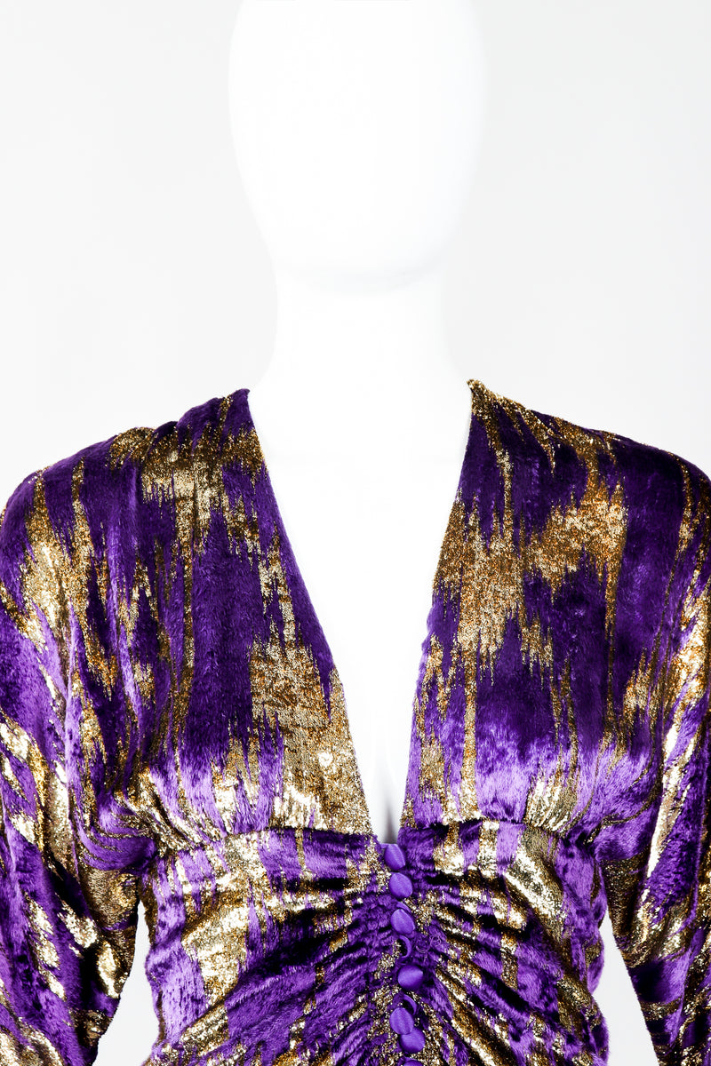 Vintage Adolfo Velvet Lamé Lightening Gown on Mannequin, neckline at Recess Los Angeles