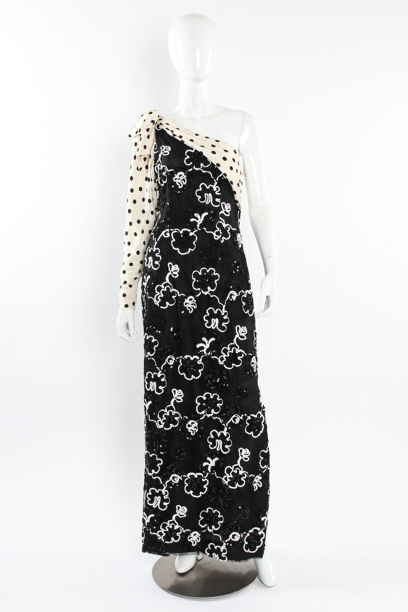 Vintage Adolfo for Saks Sequin Floral Lace Polka Dot Silk Dress mannequin front @ Recess LA
