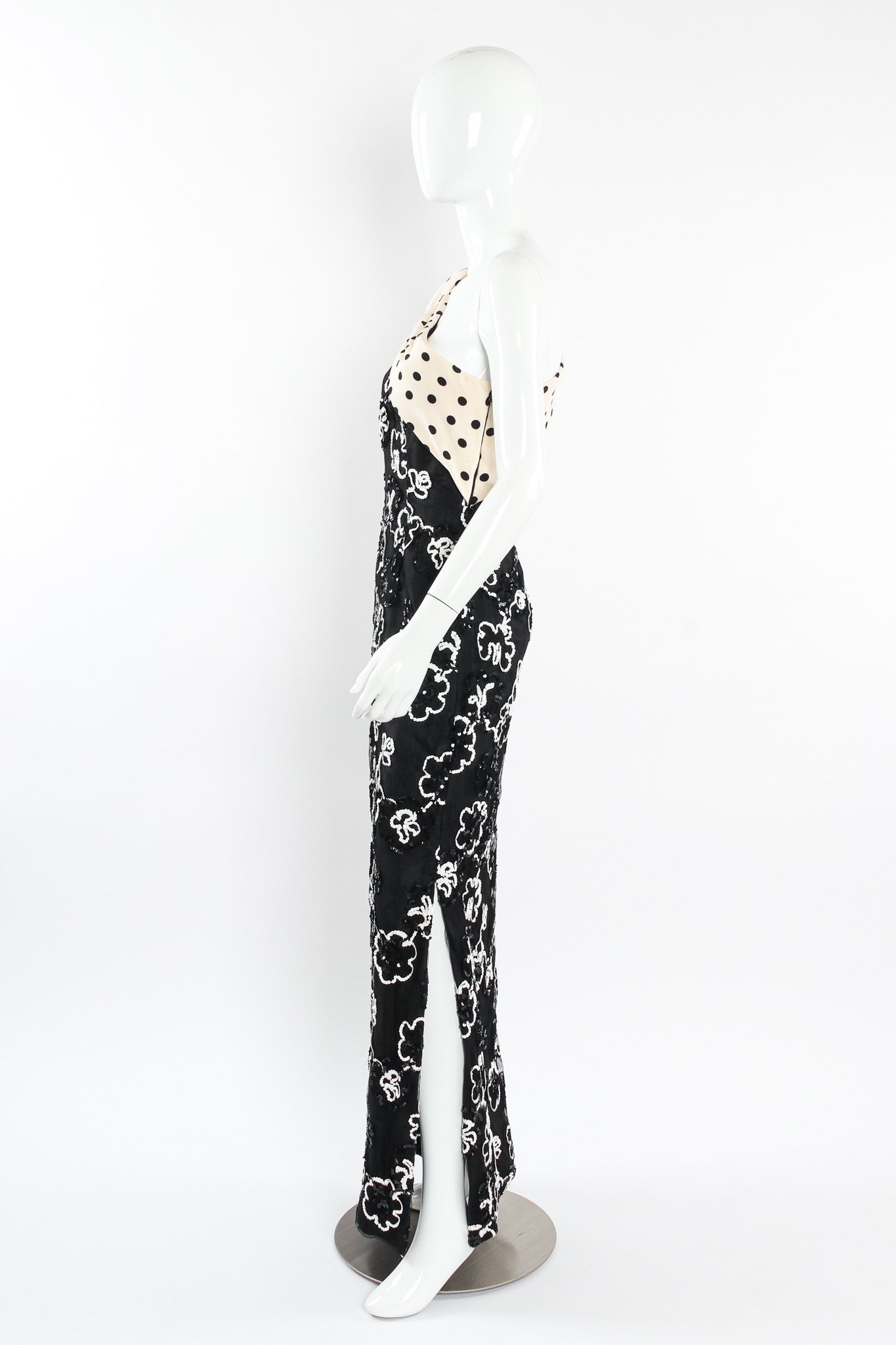 Vintage Adolfo for Saks Sequin Floral Lace Polka Dot Silk Dress mannequin side  @ Recess LA