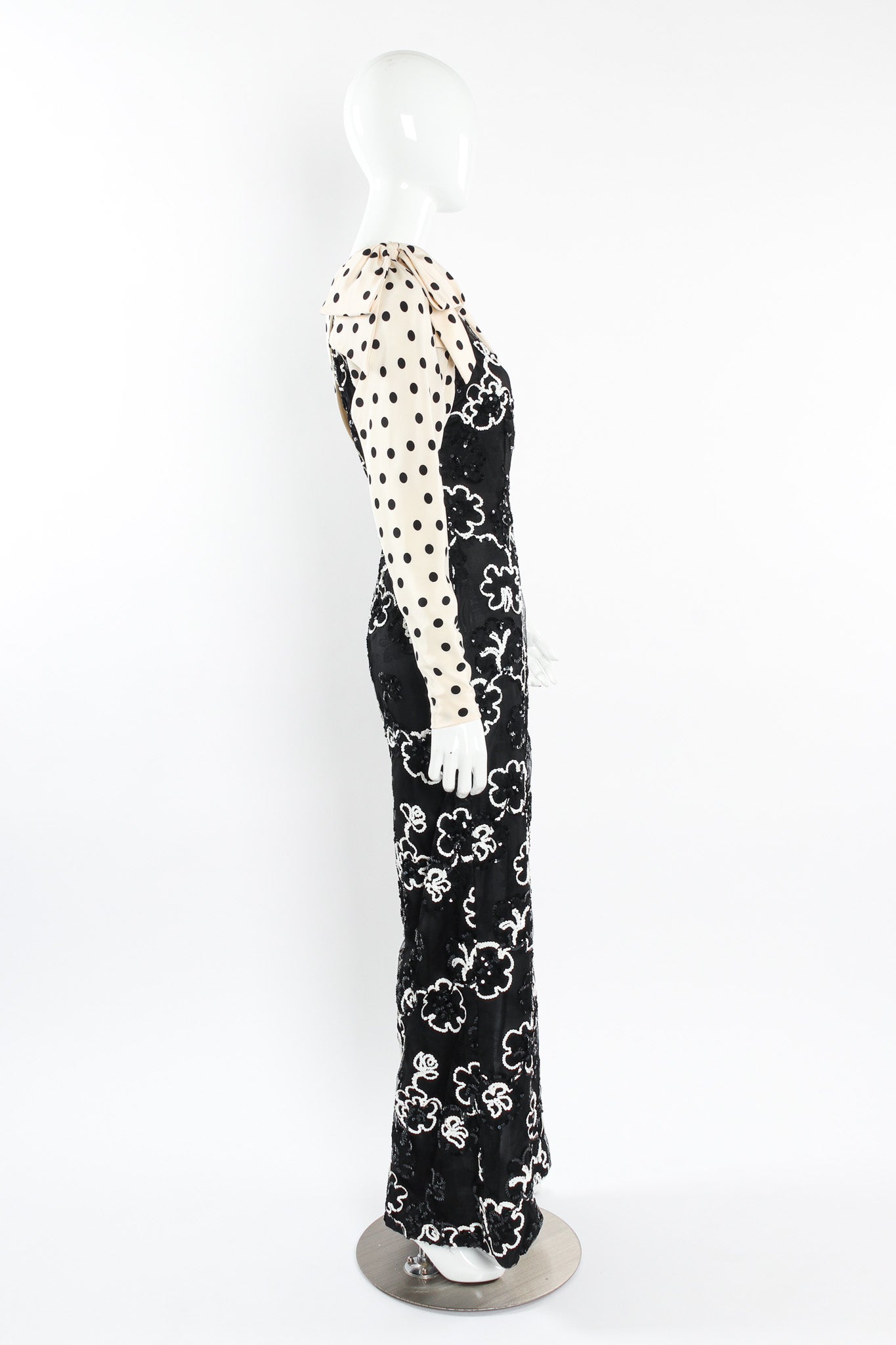 Vintage Adolfo for Saks Sequin Floral Lace Polka Dot Silk Dress mannequin side @ Recess LA