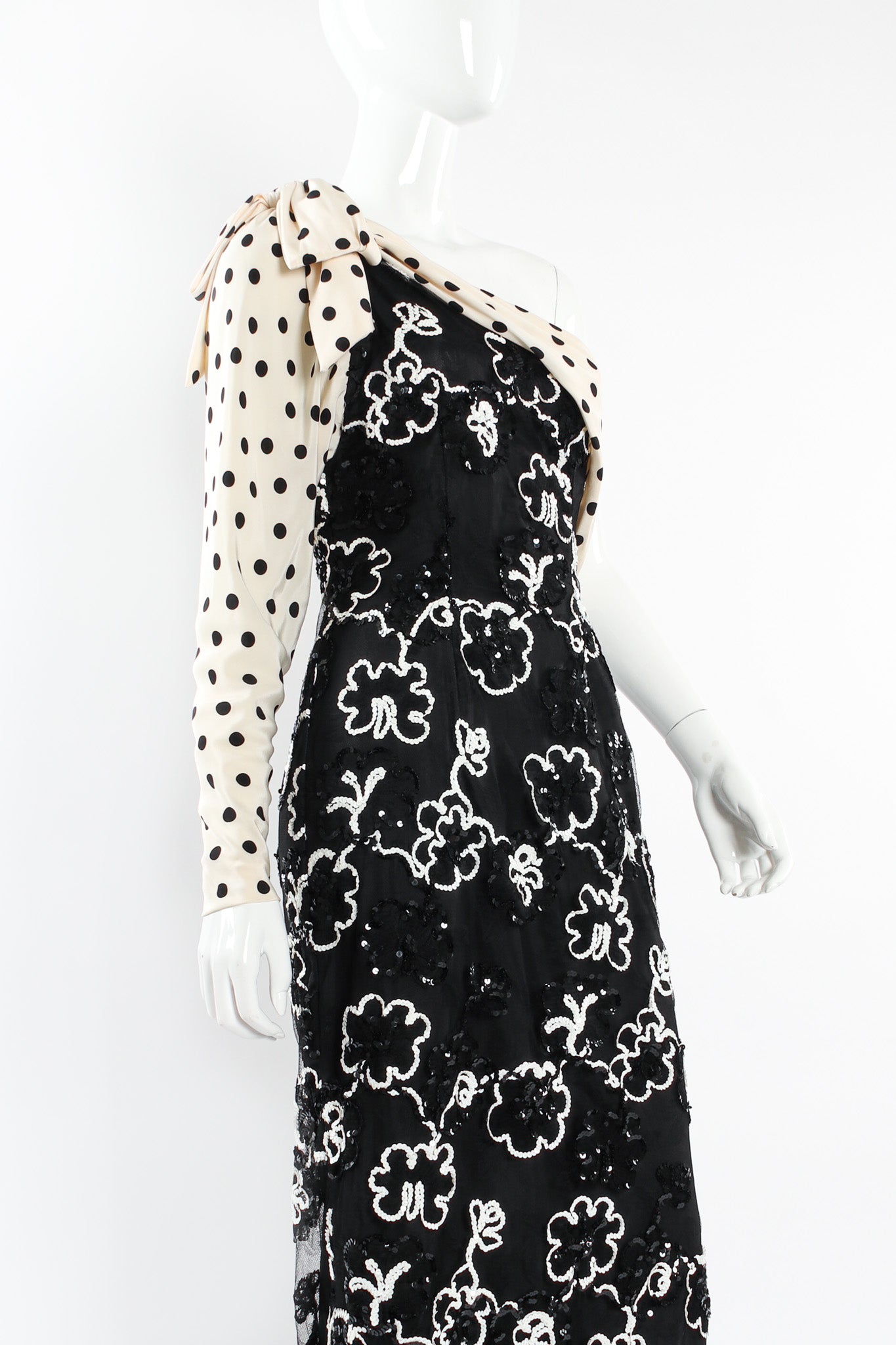 Vintage Adolfo for Saks Sequin Floral Lace Polka Dot Silk Dress angle close @ Recess LA