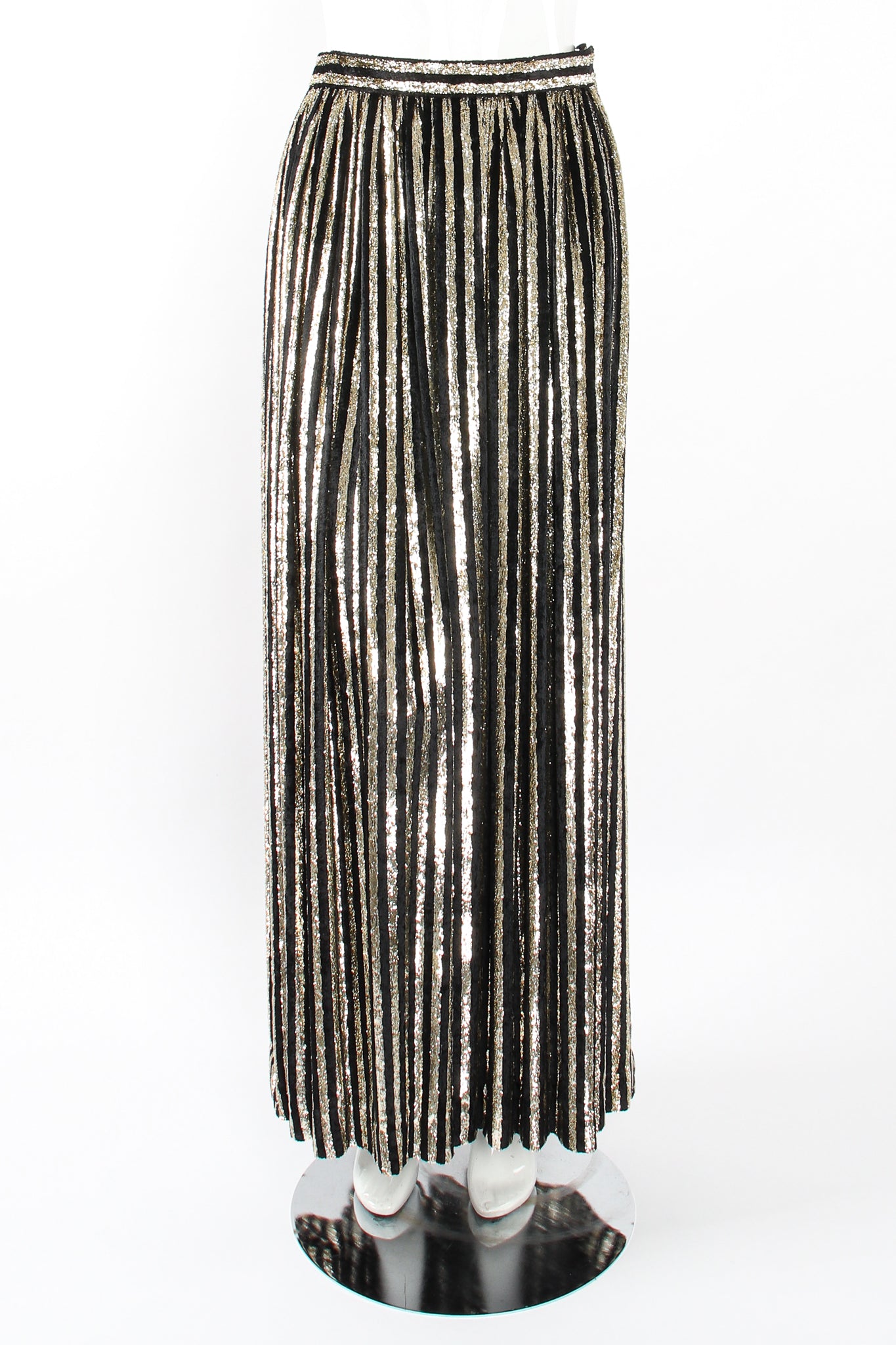 Vintage Adolfo Gold Velvet Lamé Striped Skirt on Mannequin front at Recess Los Angeles