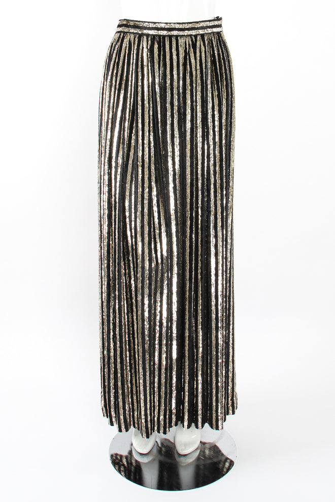 Vintage Adolfo Gold Velvet Lamé Striped Skirt on Mannequin front at Recess Los Angeles