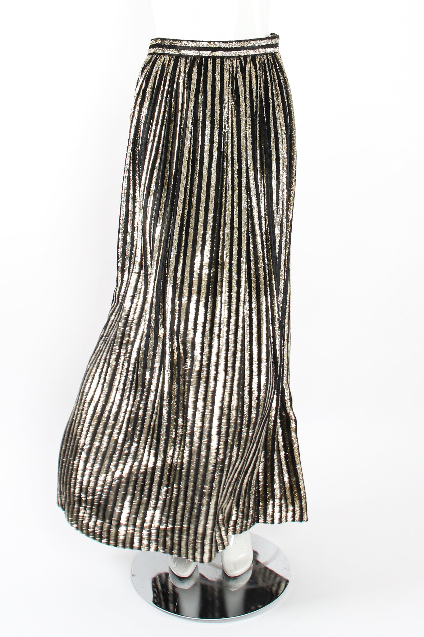 Vintage Adolfo Gold Velvet Lamé Striped Skirt on Mannequin front at Recess Los Angeles