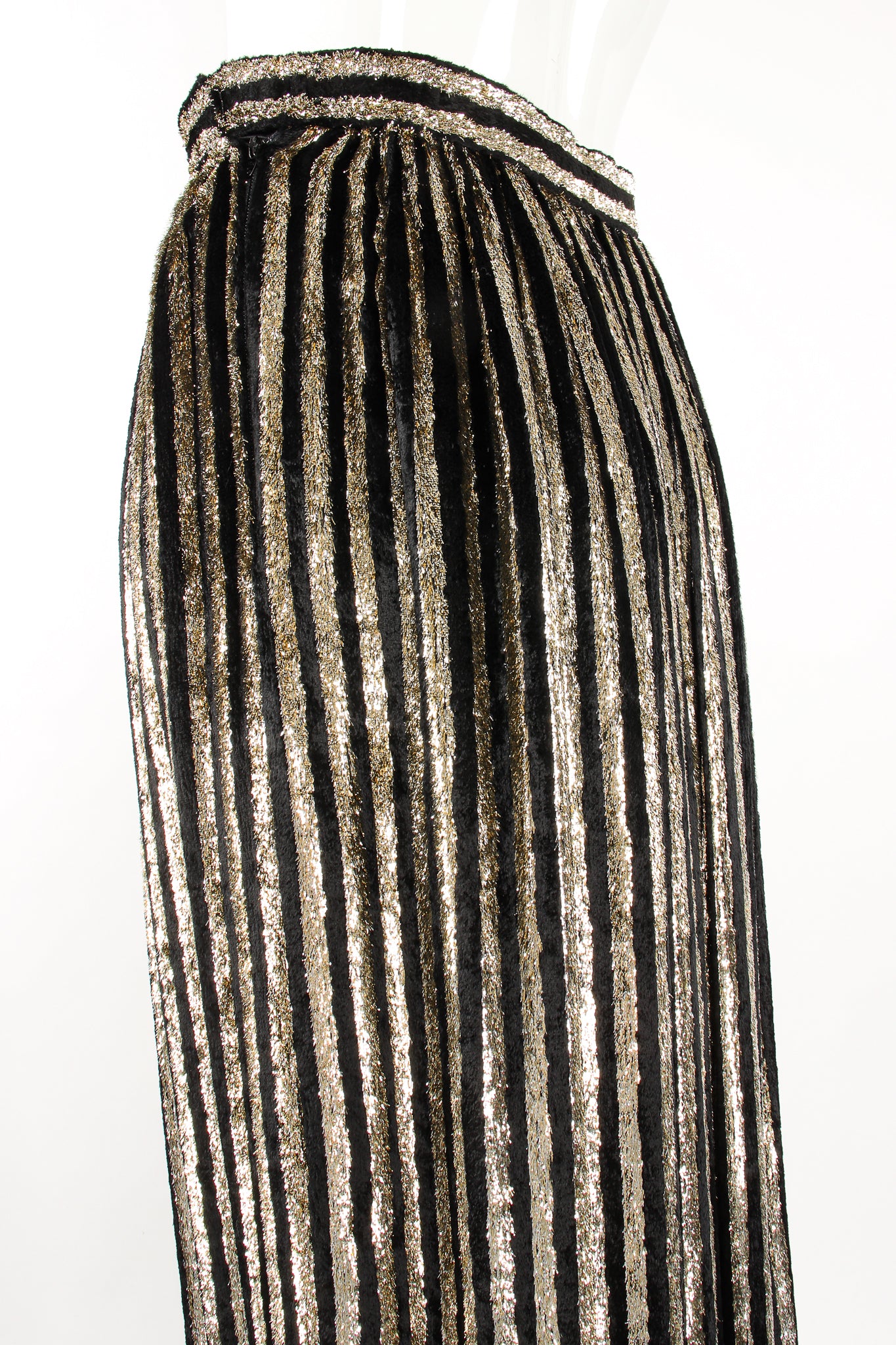 Vintage Adolfo Gold Velvet Lamé Striped Skirt on Mannequin hip at Recess Los Angeles