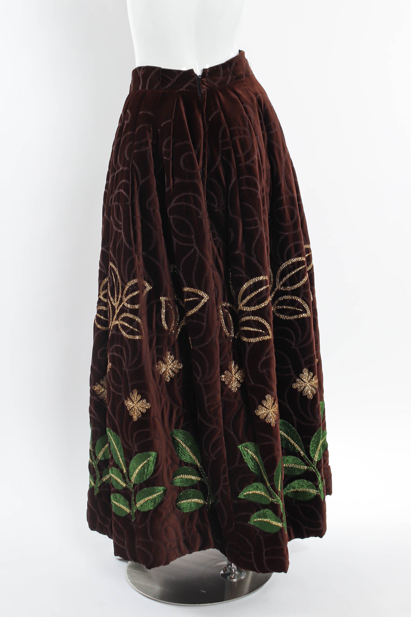 Vintage Adolfo for Saks Velvet Embroidered Leaf Top & Skirt Set mannequin back skirt @ Recess LA
