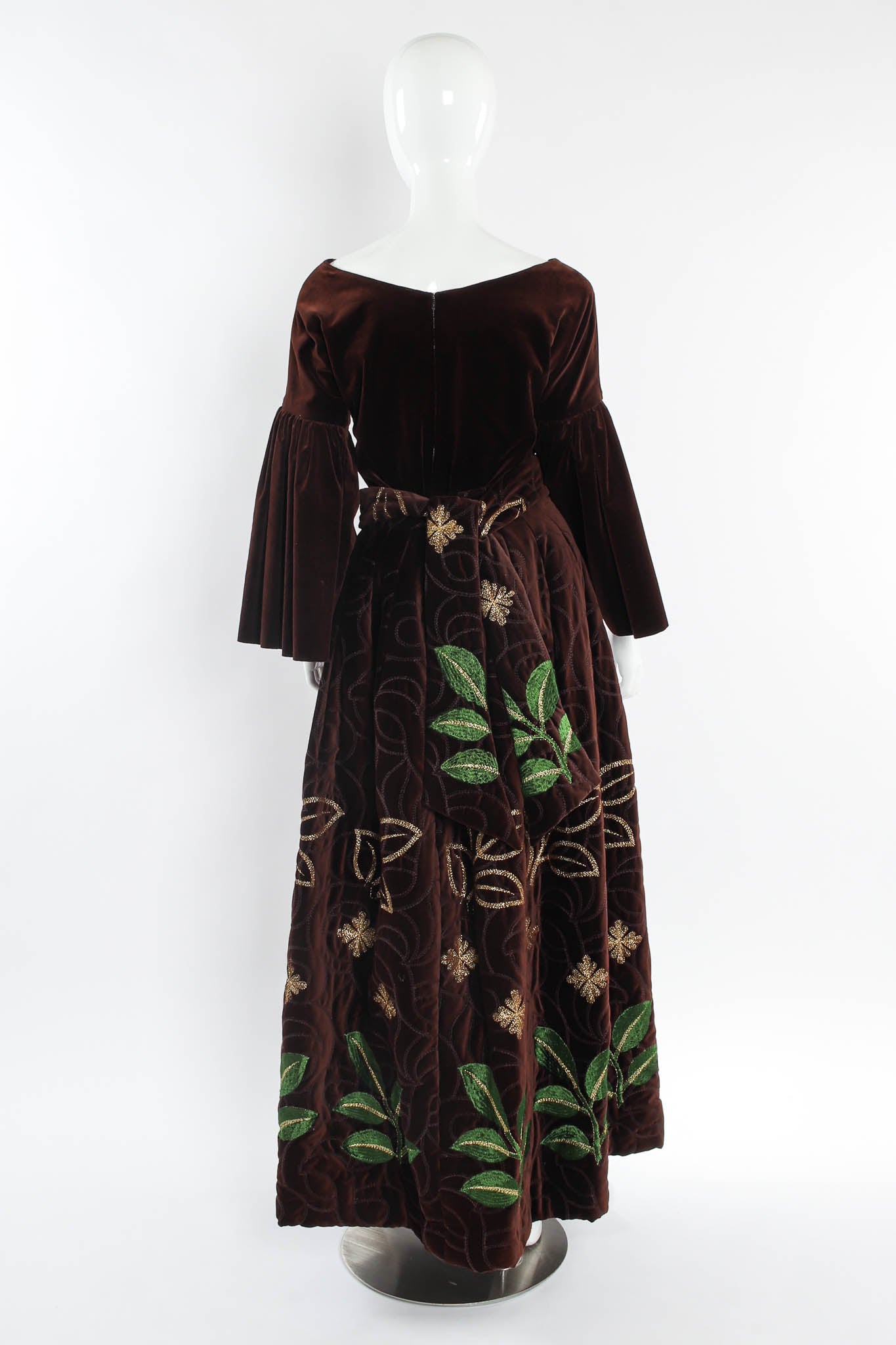 Vintage Adolfo for Saks Velvet Embroidered Leaf Top & Skirt Set Back of Mannequin @ Recess LA