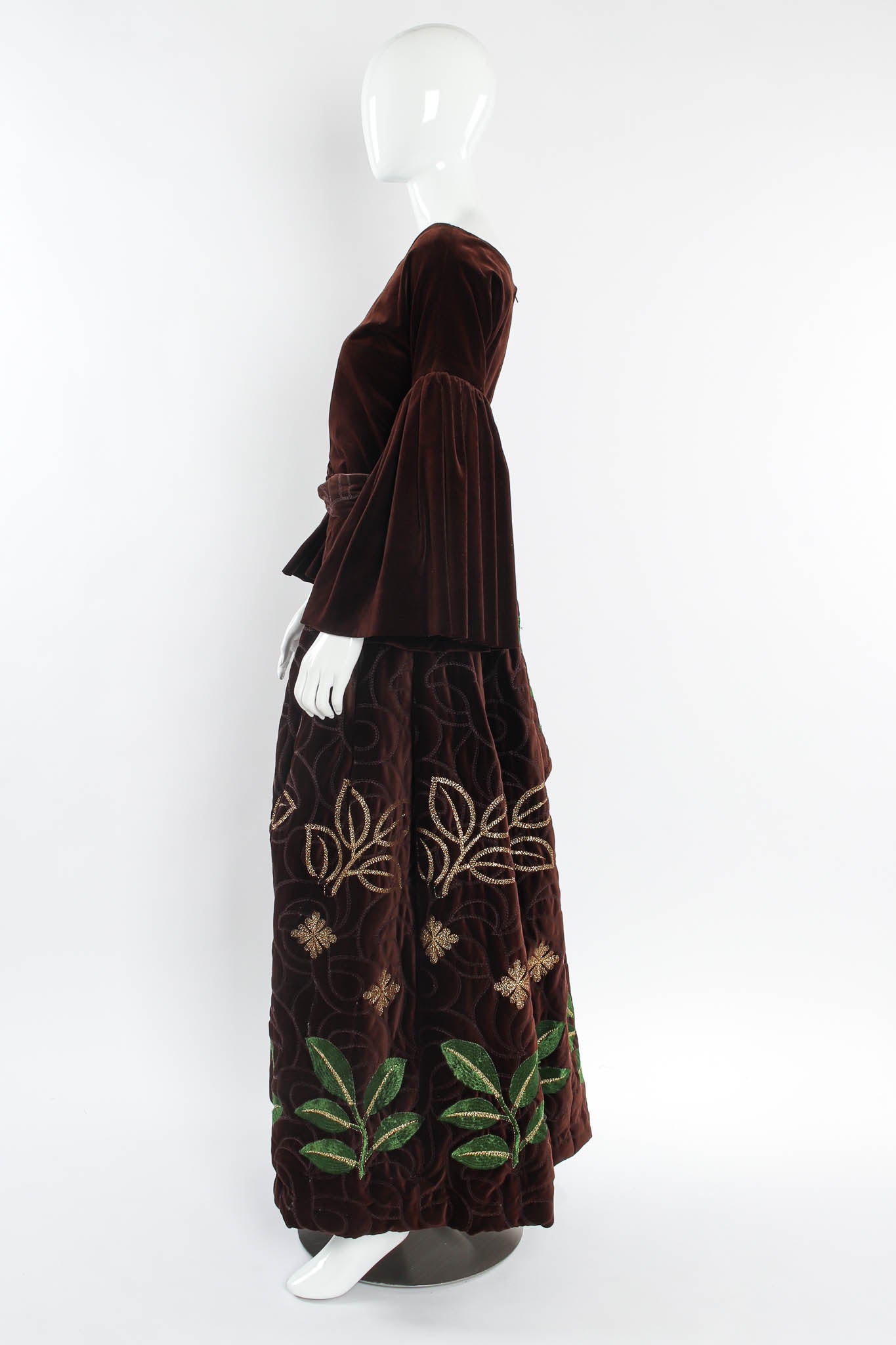 Vintage Adolfo for Saks Velvet Embroidered Leaf Top & Skirt Set mannequin side @ Recess LA