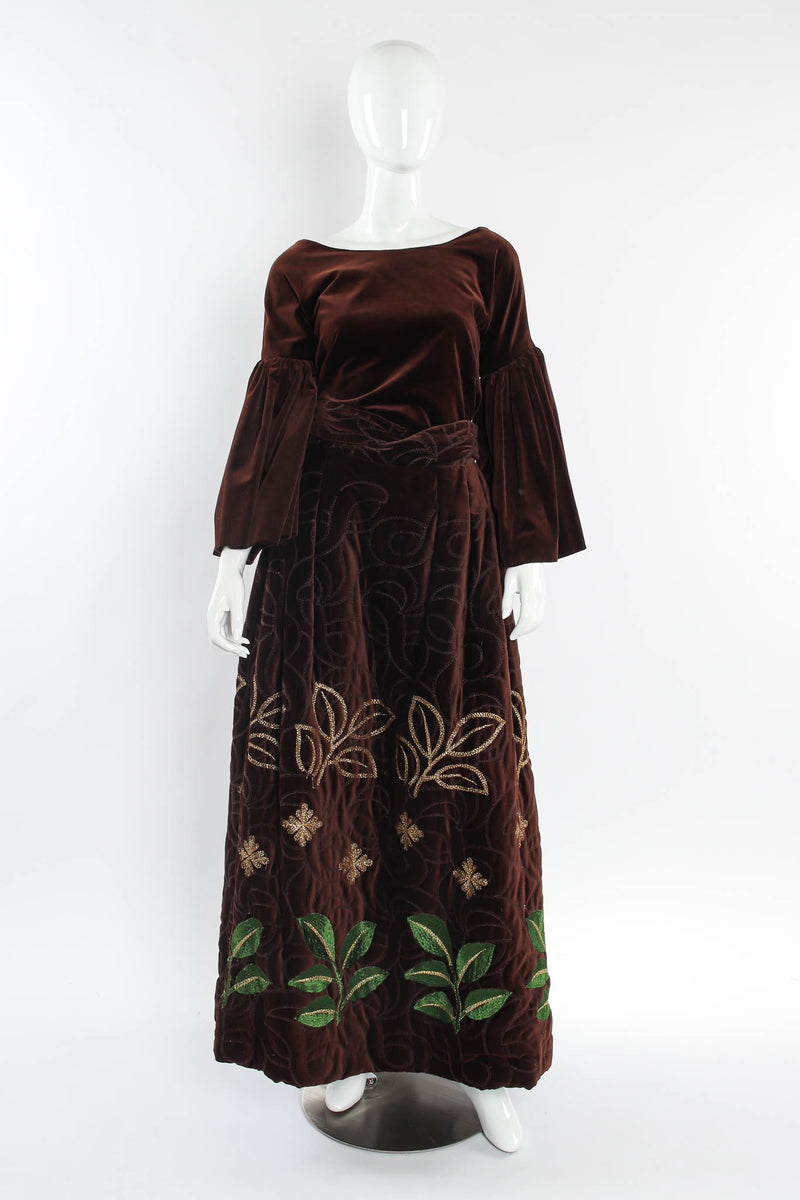 Vintage Adolfo Velvet Leaf Embroidered Top & Skirt Set mannequin front @ Recess LA