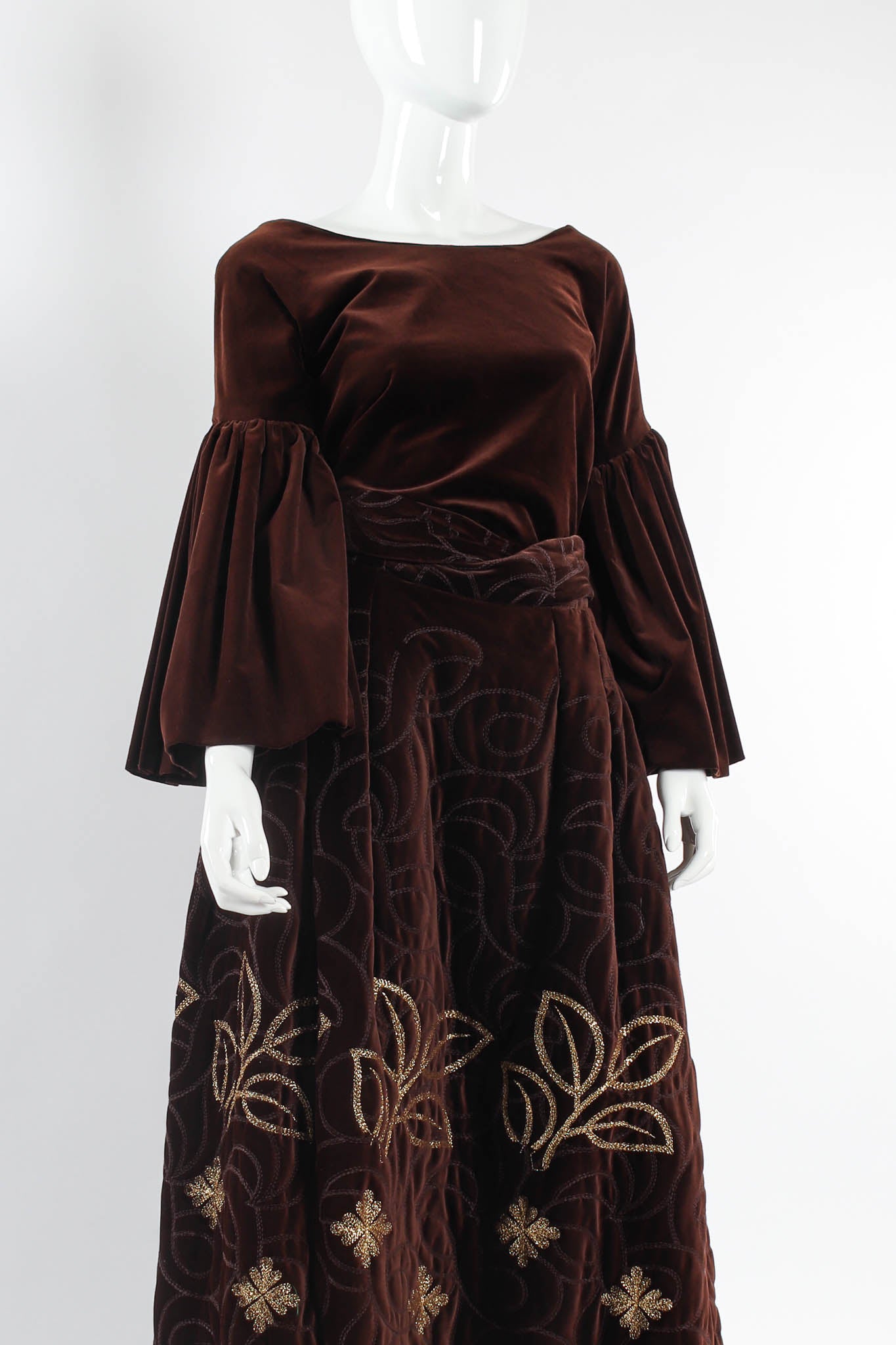 Vintage Adolfo for Saks Velvet Embroidered Leaf Top & Skirt Set on Mannequin @ Recess LA