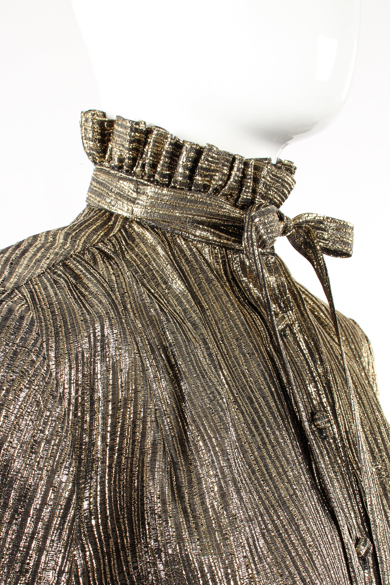 Vintage Adolfo Gold Lamé Ruffle Tie Neck Blouse on Mannequin neck detail at Recess Los Angeles