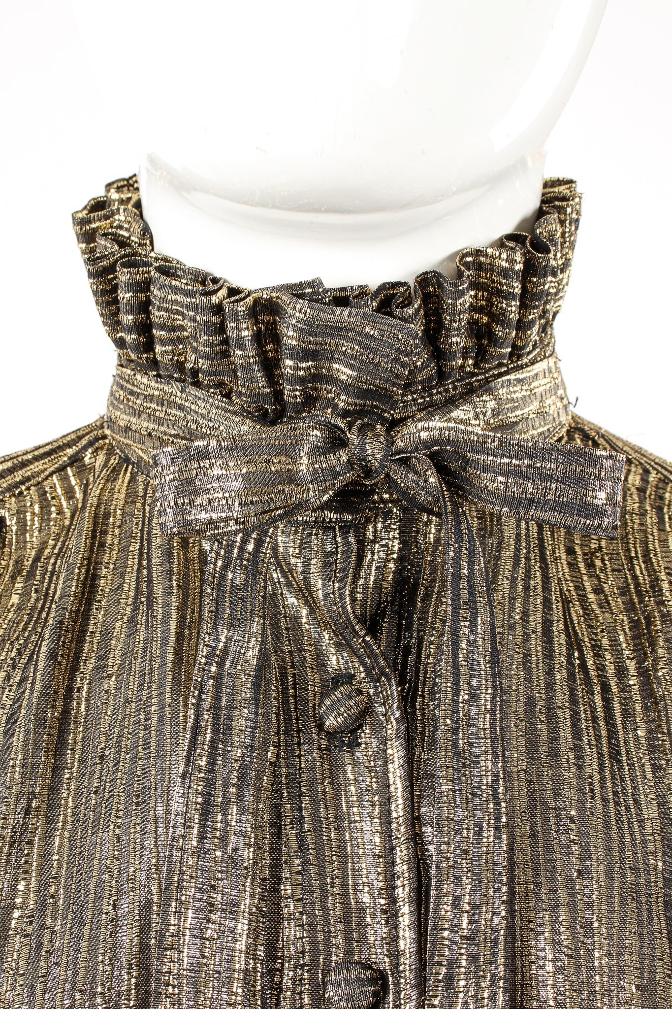 Vintage Adolfo Gold Lamé Ruffle Tie Neck Blouse on Mannequin neck detail at Recess Los Angeles