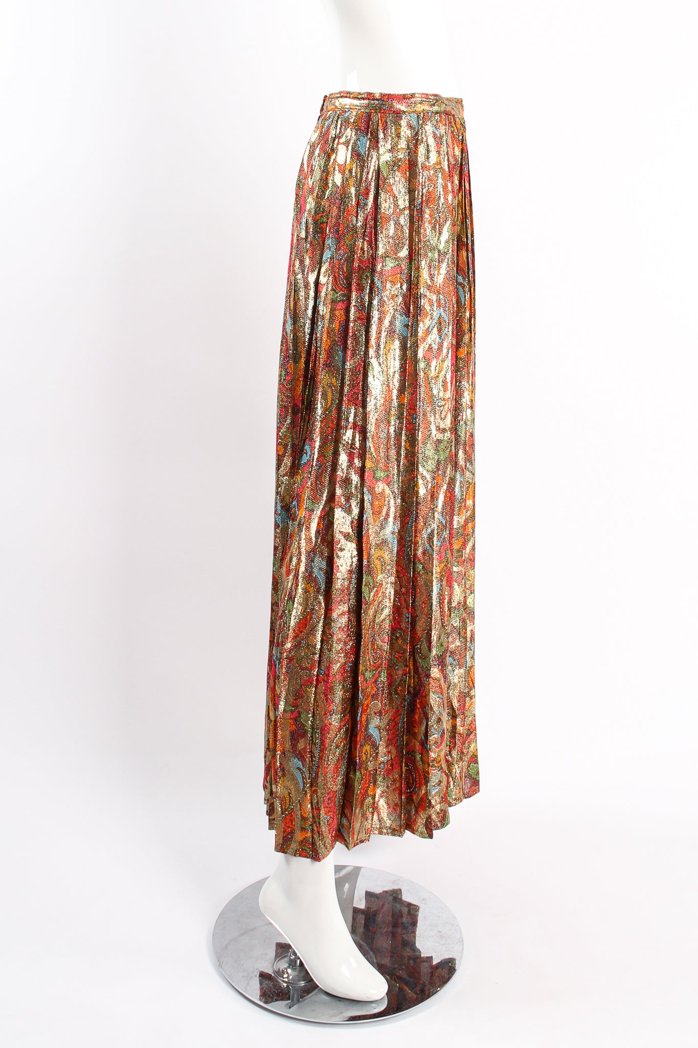 Vintage Adolfo Paisley Lamé Pleated Palazzo Pant on mannequin side at Recess Los Angeles