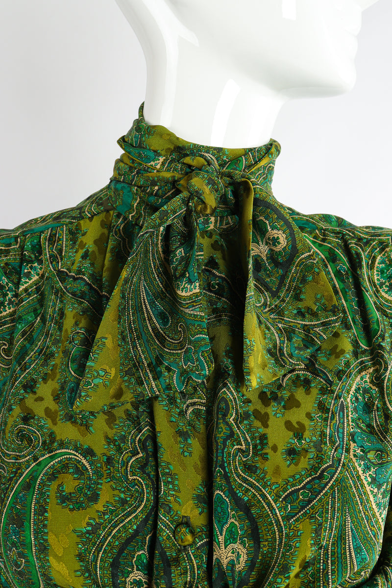 Vintage Adolfo Green Paisley Palazzo Pant Set on Mannequin neck detail at Recess Los Angeles