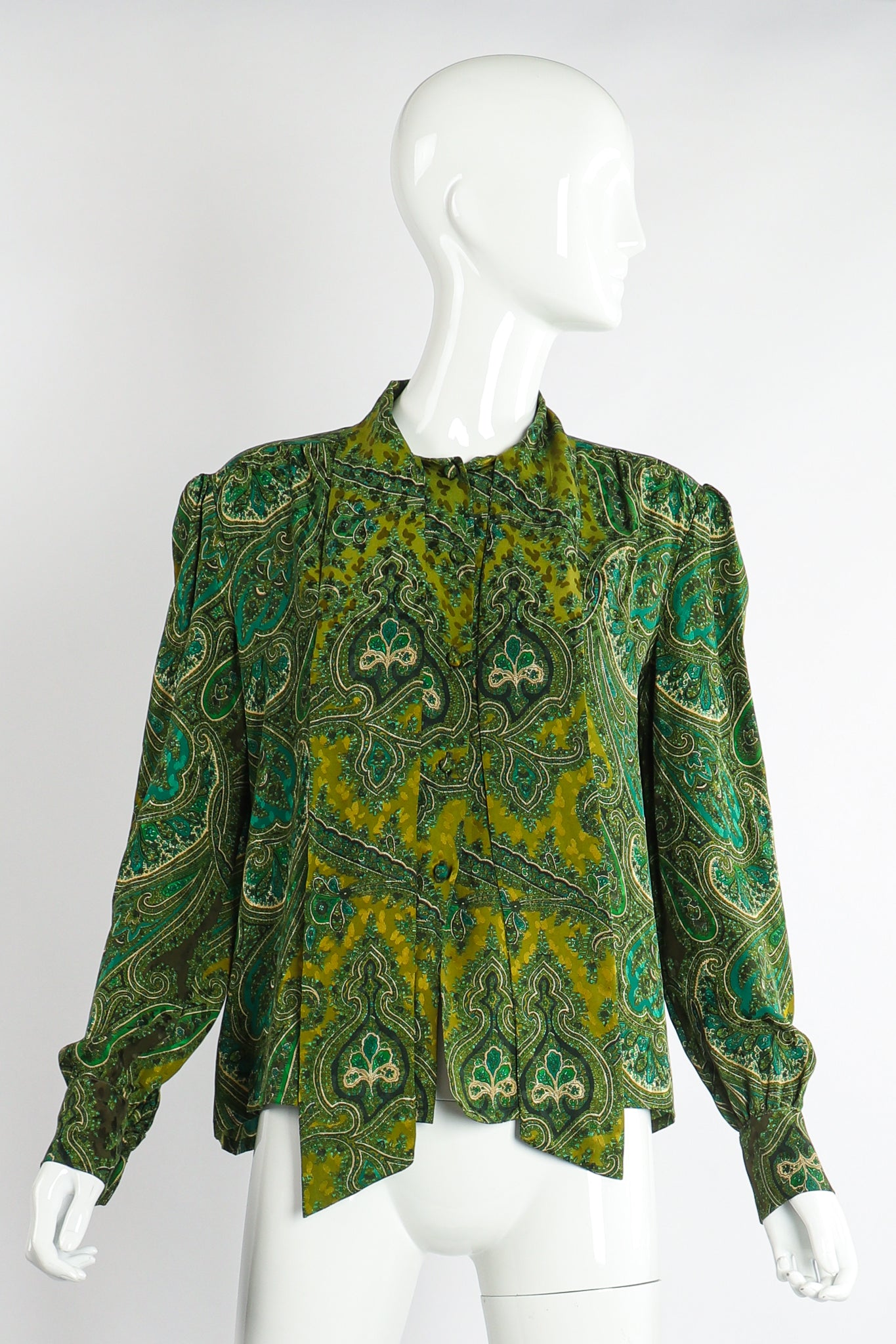 Vintage Adolfo Green Paisley shirt Set on Mannequin front at Recess Los Angeles