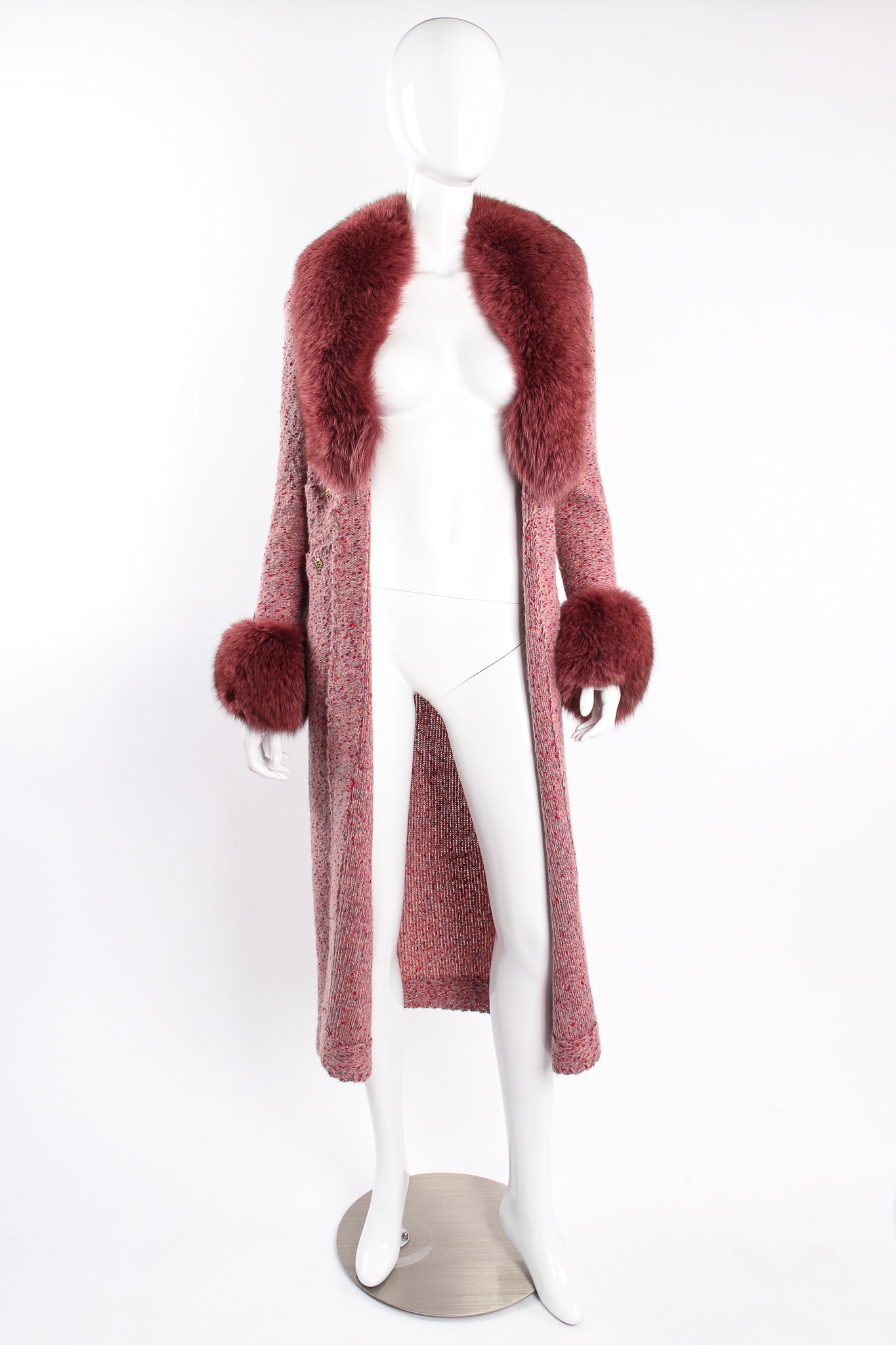 Vintage Adolfo Fox Fur Knit Sweater Coat & Skirt Set on Mannequin open at Recess Los Angeles