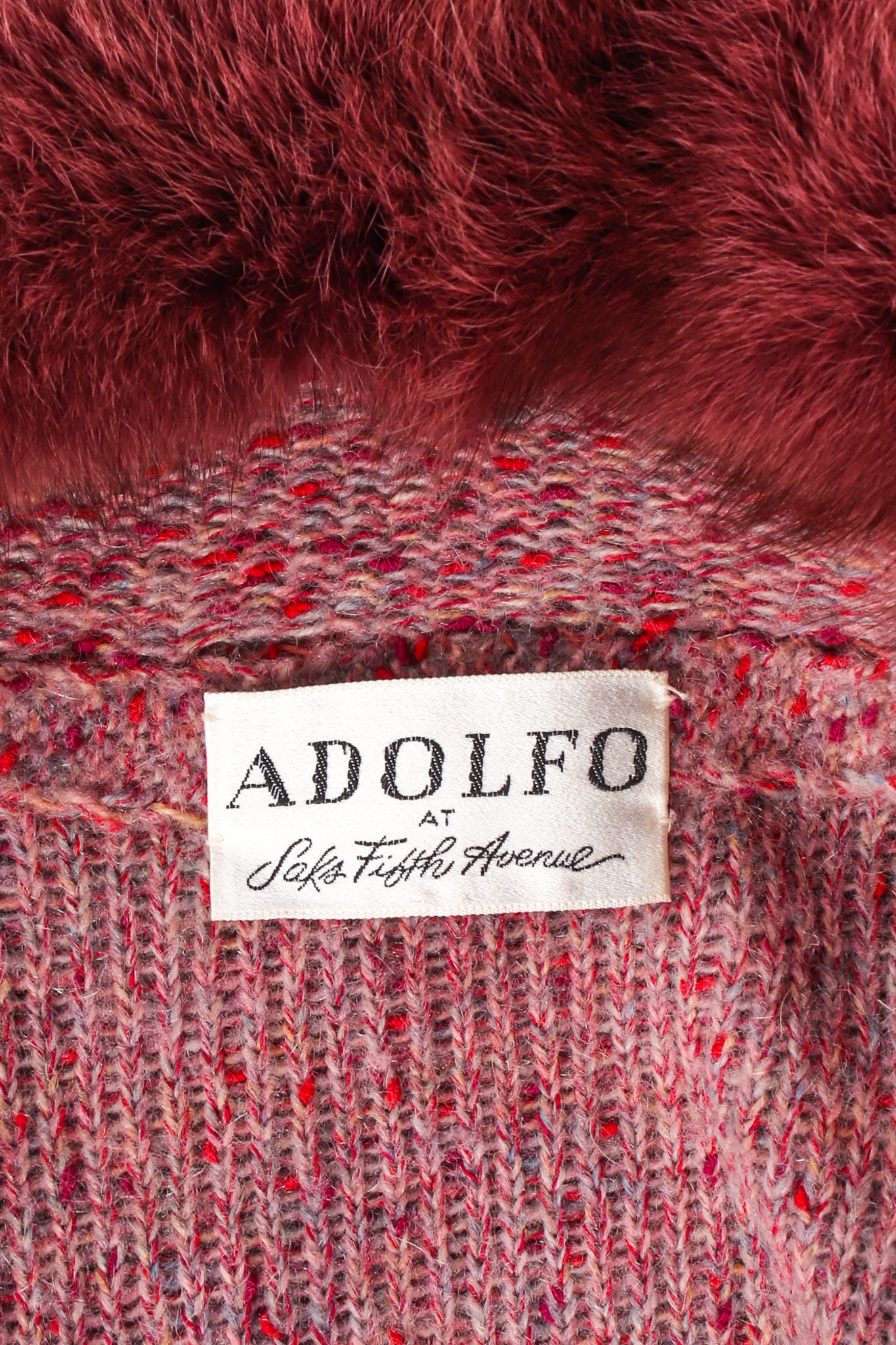 Vintage Adolfo Fox Fur Knit Sweater Coat & Skirt Set label at Recess Los Angeles