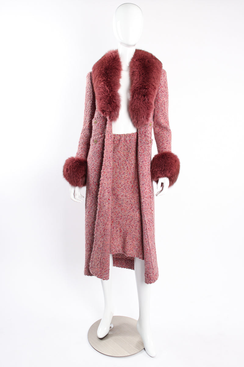 Vintage Adolfo Fox Fur Knit Sweater Coat & Skirt Set on Mannequin open at Recess Los Angeles