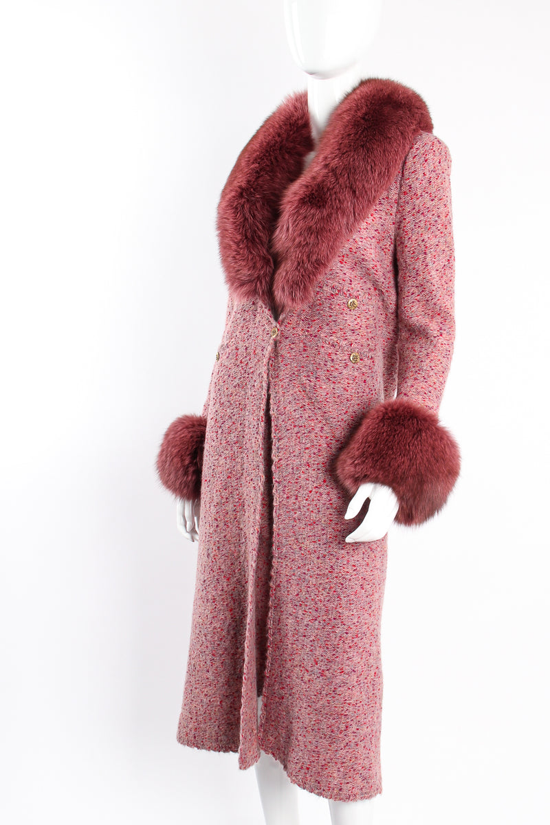 Vintage Adolfo Fox Fur Knit Sweater Coat & Skirt Set on Mannequin angle at Recess Los Angeles