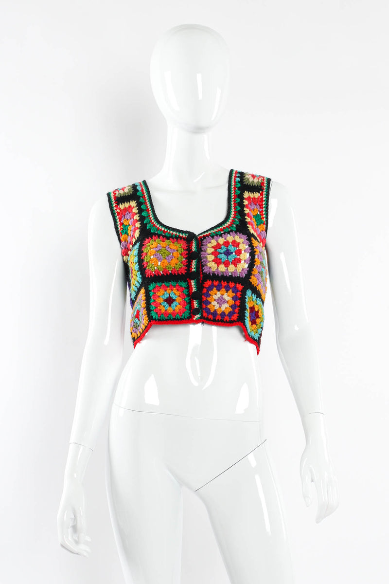 Vintage Adolfo for Tally Ho Wool Kaleidoscope Crop Vest mannequin front buttoned @ Recess Los Angeles