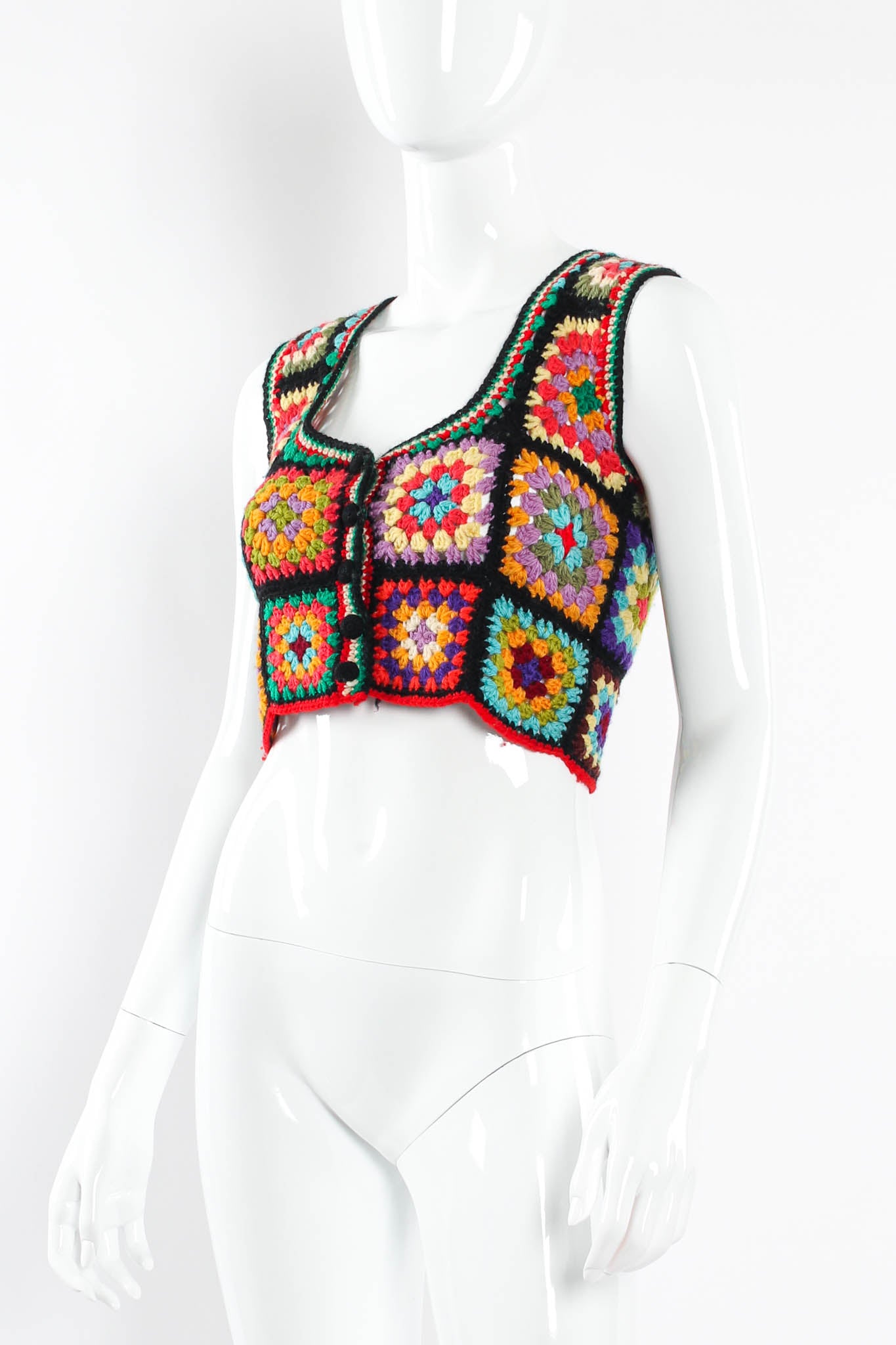 Vintage Adolfo for Tally Ho Wool Quilt Print Crop Vest mannequin angle buttoned @ Recess Los Angeles