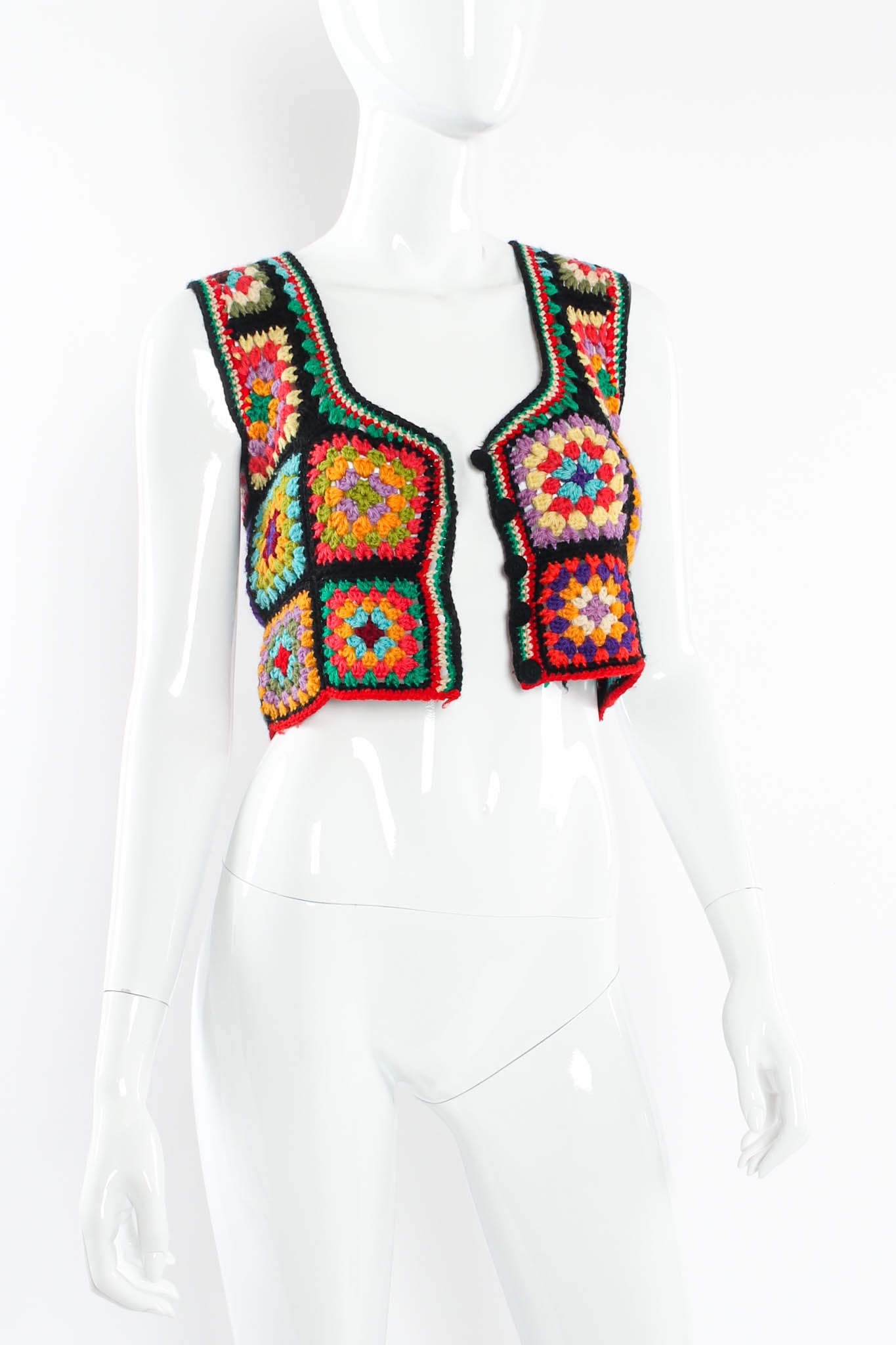 Vintage Adolfo for Tally Ho Wool Kaleidoscope Crop Vest mannequin angle unbuttoned @ Recess Los Angeles