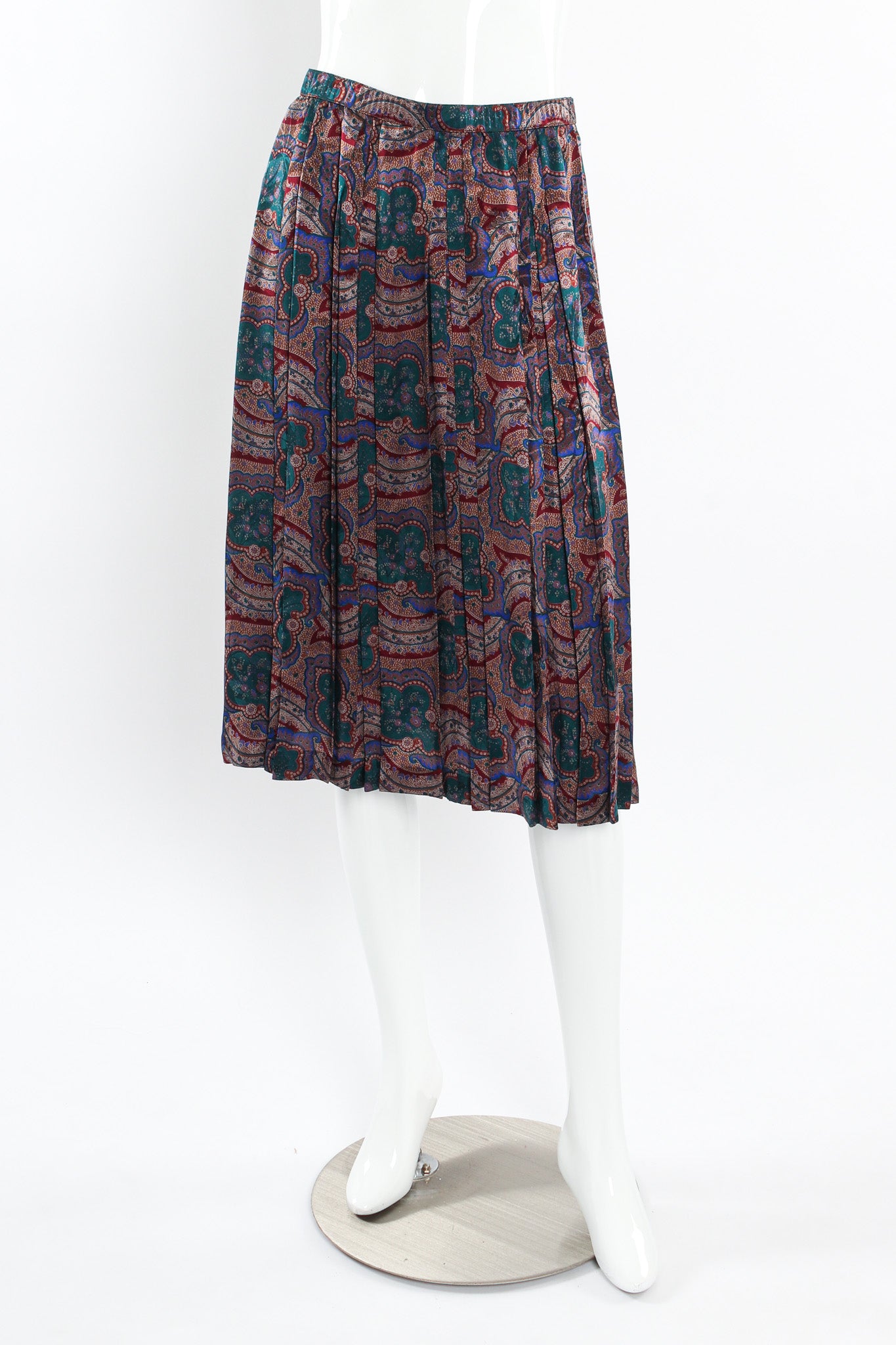 Vintage Adolfo Paisley Floral Top & Skirt Silk Set mannequin skirt front @ Recess LA