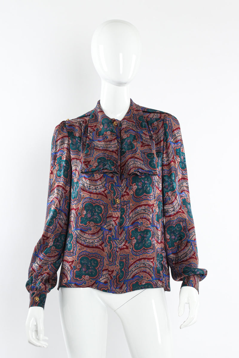 Vintage Adolfo Paisley Floral Top & Skirt Silk Set mannequin front top @ Recess LA