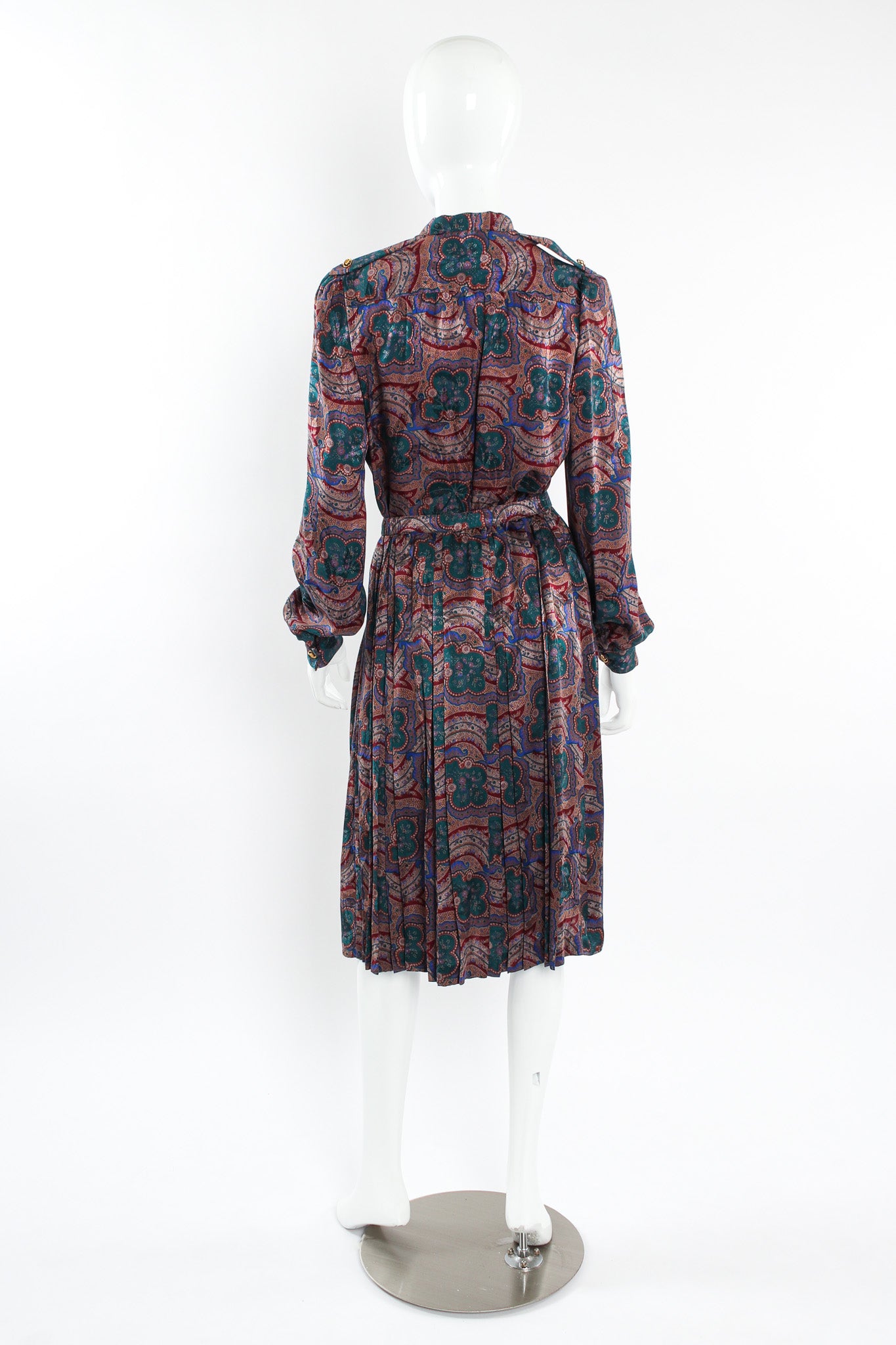 Vintage Adolfo Paisley Floral Top & Skirt Silk Set mannequin back @ Recess LA