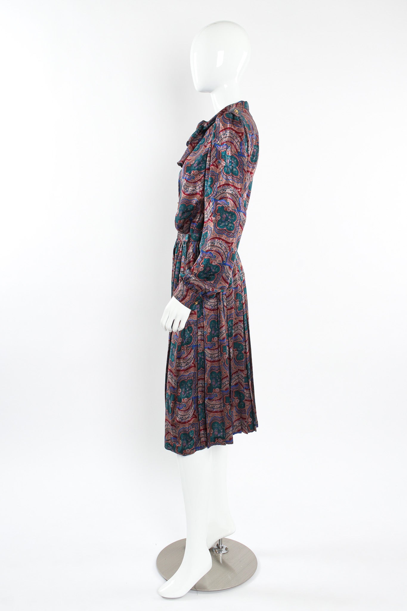 Vintage Adolfo Paisley Floral Top & Skirt Silk Set mannequin side @ Recess LA