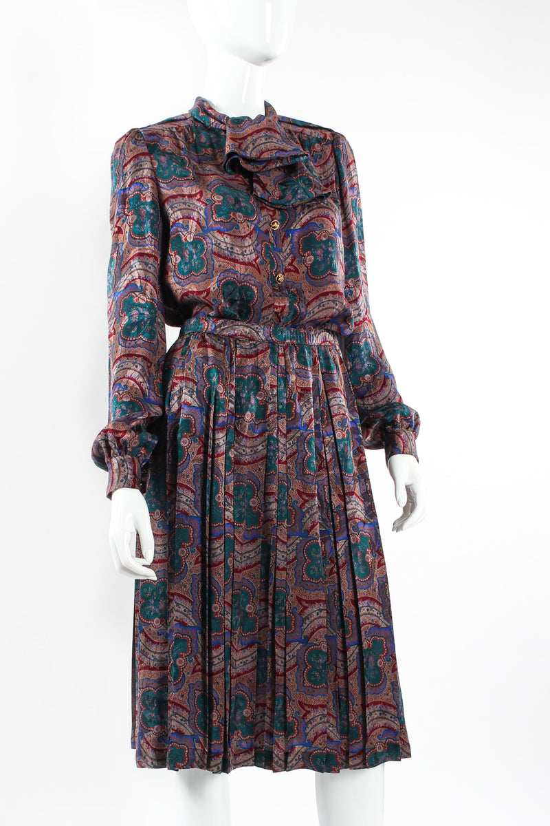 Vintage Adolfo Paisley Floral Top & Skirt Silk Set mannequin close angle @ Recess LA