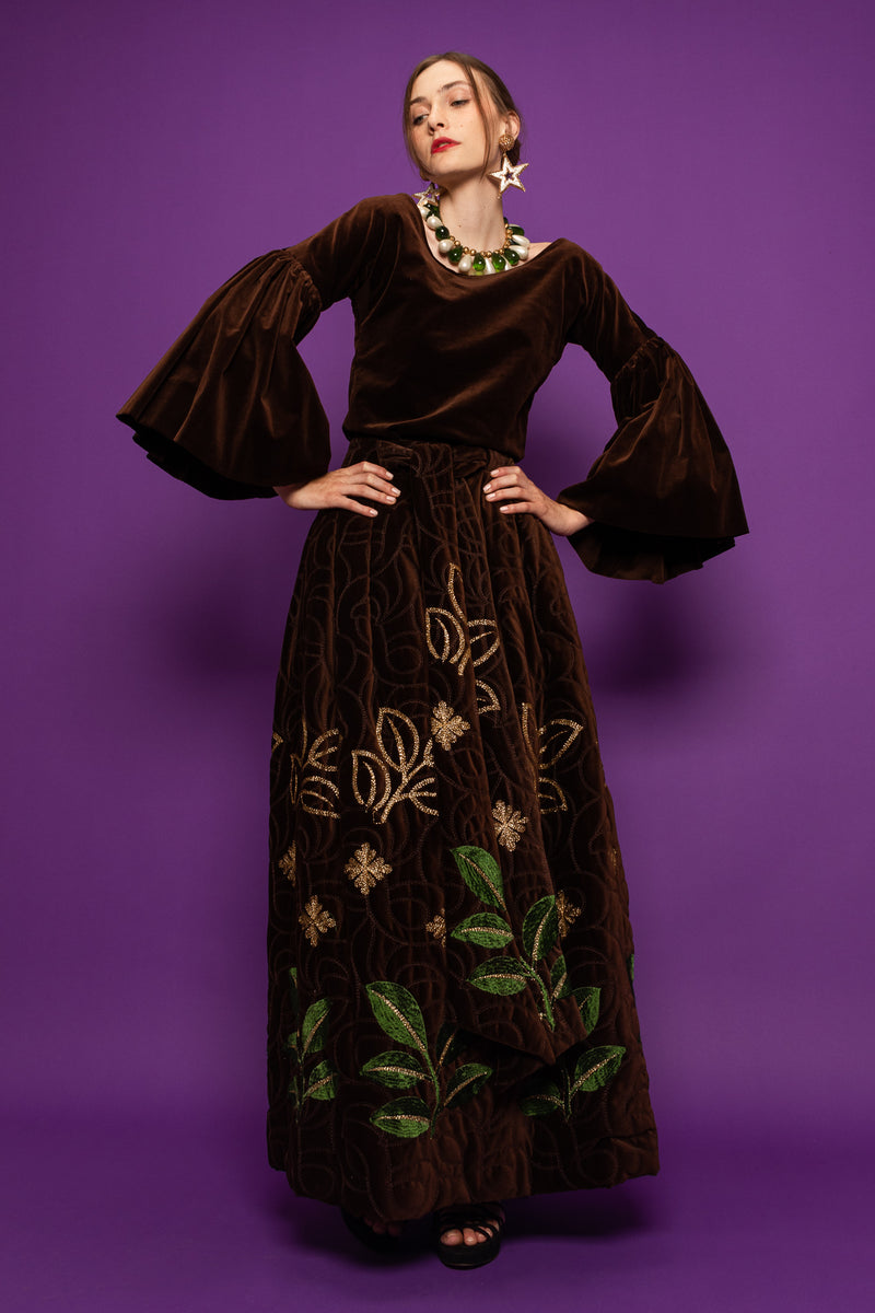 Vintage Adolfo for Saks Velvet Embroidered Leaf Top & Skirt Set on Model @ Recess LA