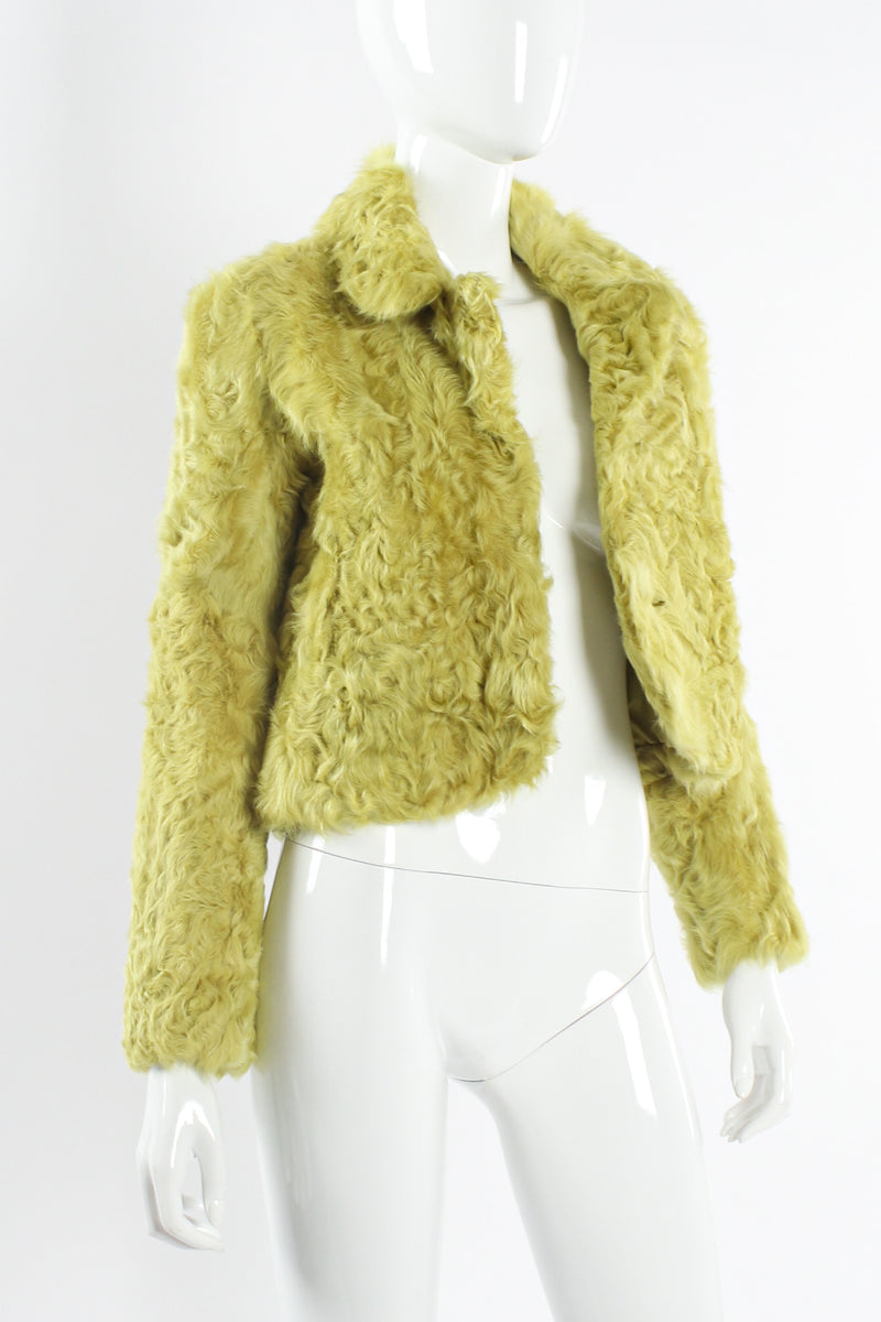 Vintage Adrienne Landau Chartreuse Lamb Fur Jacket mannequin angle open @ Recess LA
