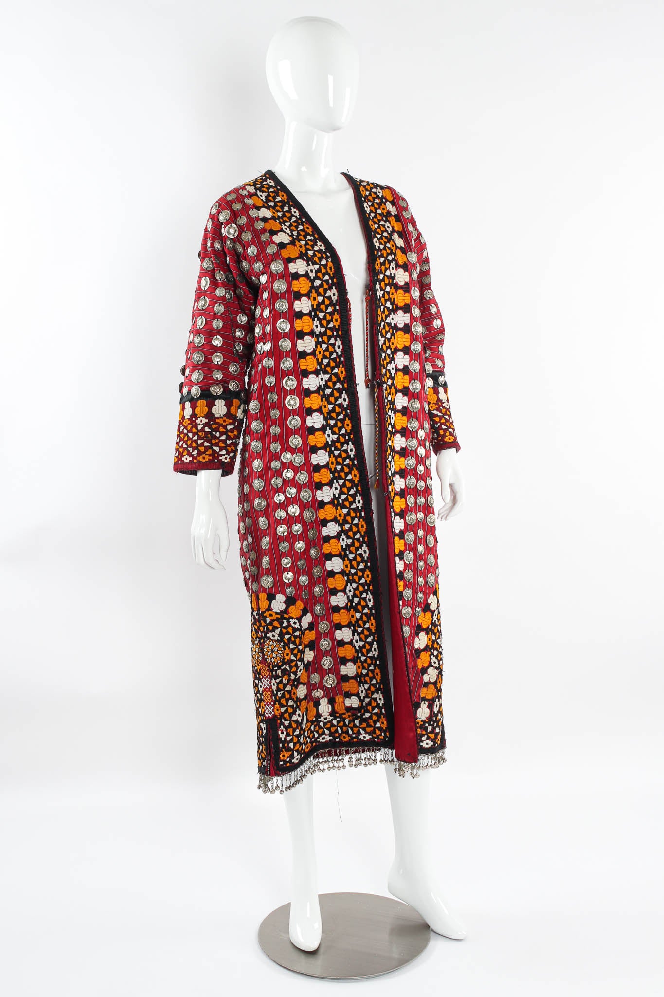 Vintage Afghan Embroidered Coin Charm Bell Coat mannequin side angle @ Recess Los Angeles 