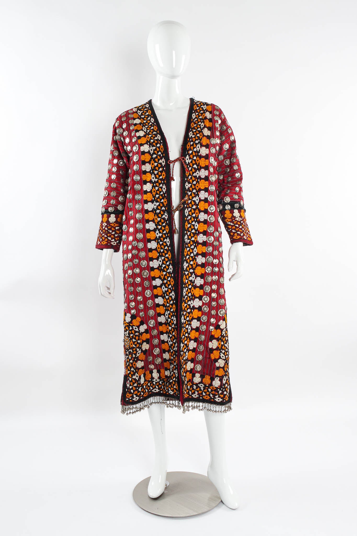 Vintage Afghan Embroidered Coin Charm Bell Coat mannequin front @ Recess Los Angeles 