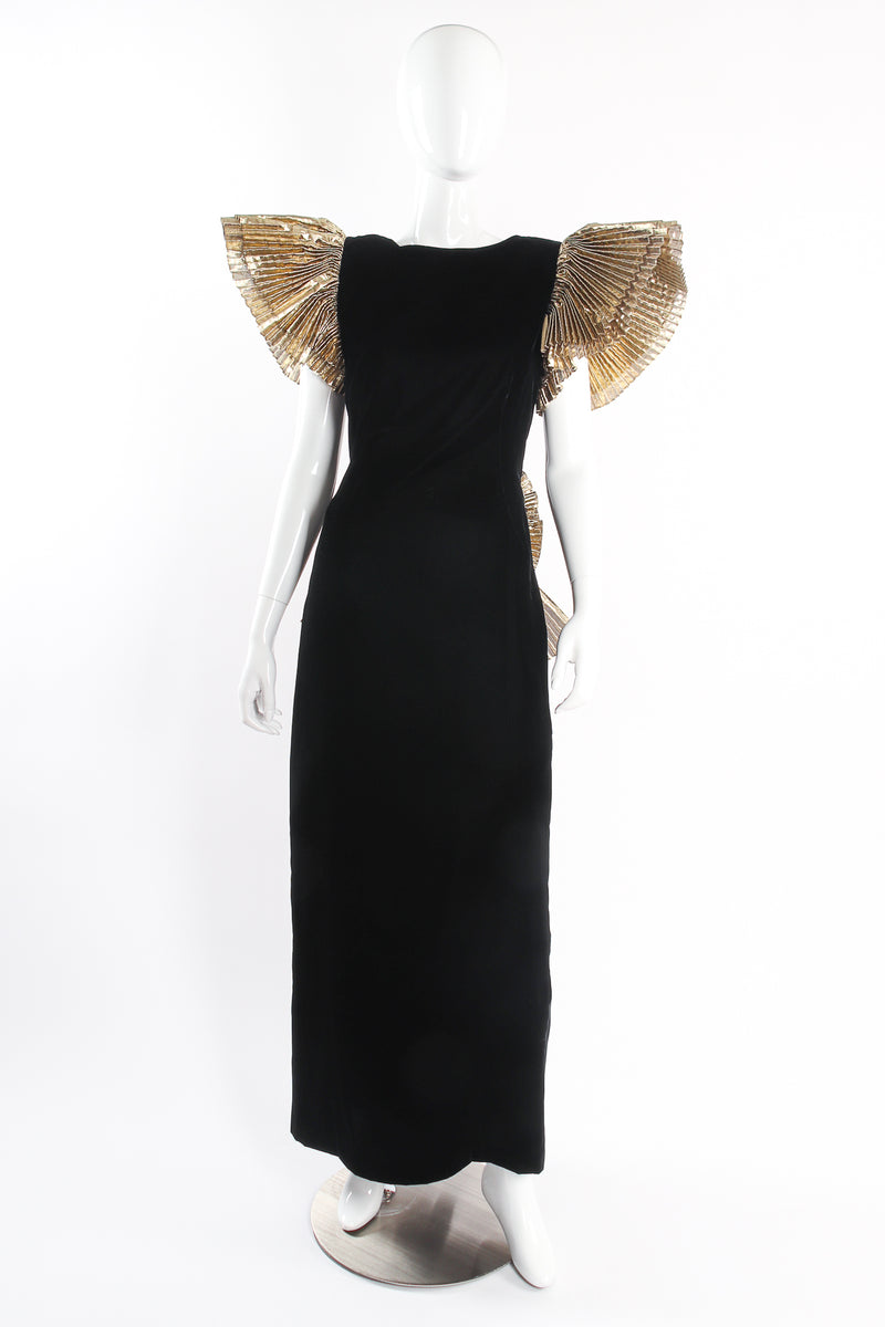Vintage After Five Saks Lamé Ruffle Velvet Mermaid Gown on mannequin front at Recess Los Angeles