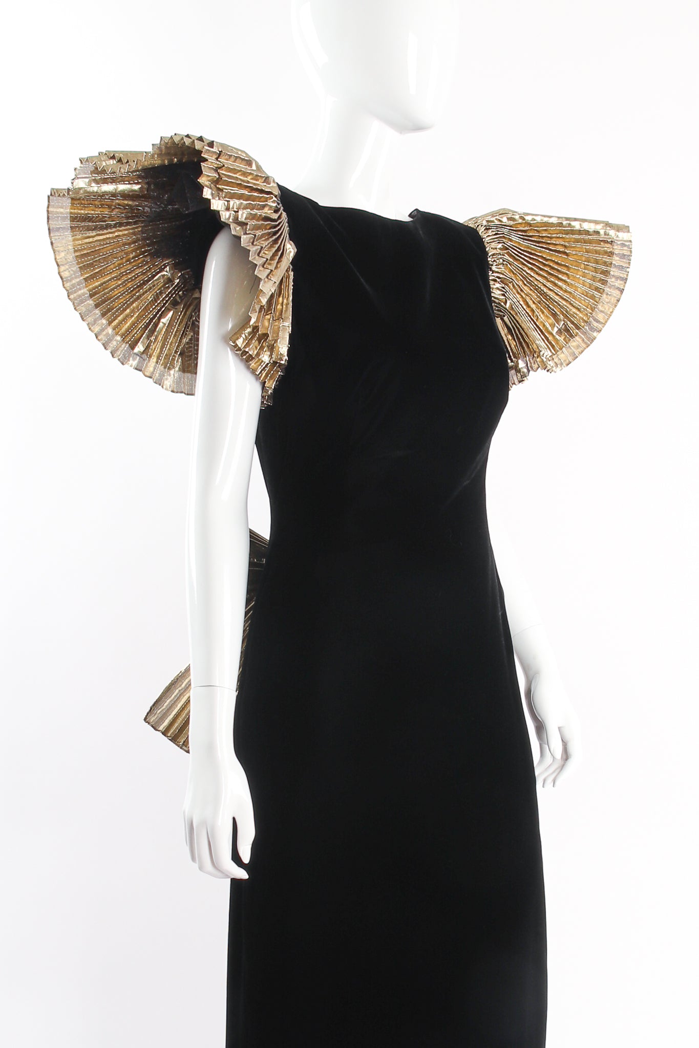 Vintage After Five Saks Lamé Ruffle Velvet Trumpet Gown on mannequin crop at Recess Los Angeles