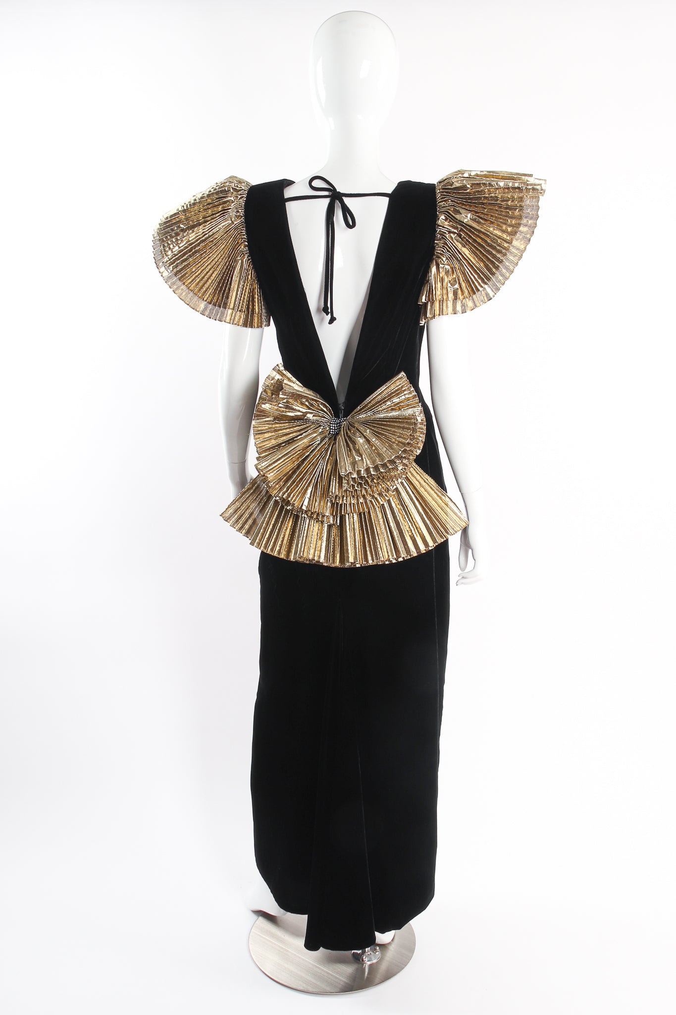 Vintage After Five Saks Lamé Ruffle Velvet Trumpet Gown on mannequin back at Recess Los Angeles
