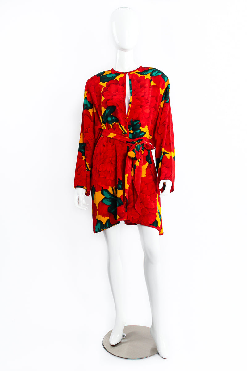 Vintage Akira Begonia Print Silk Duster on Mannequin front at Recess Los Angeles